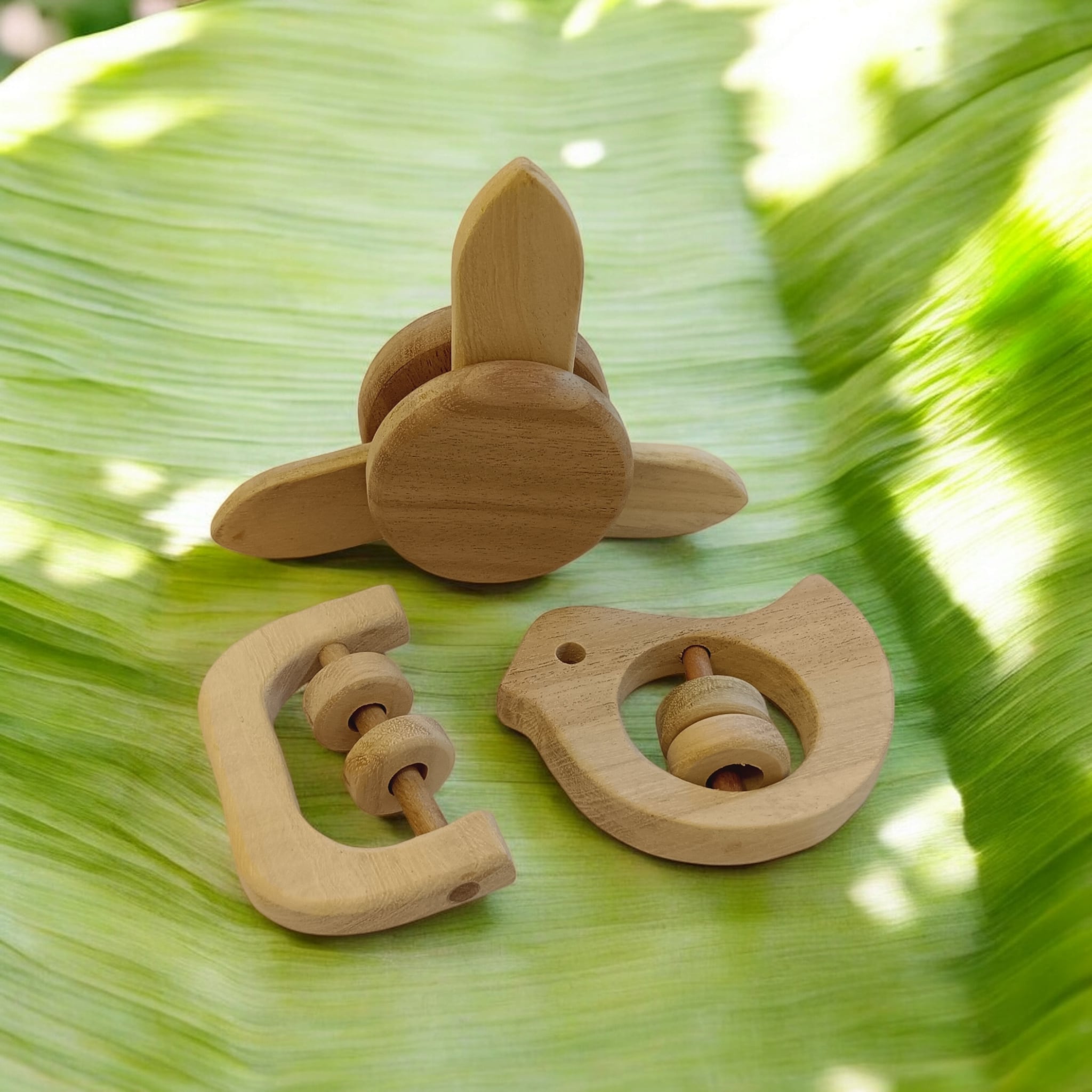 Neem Wooden Flower Tumbler, Dove & C Shape Rattles – Sensory Development Baby Toy (0–3 Years)