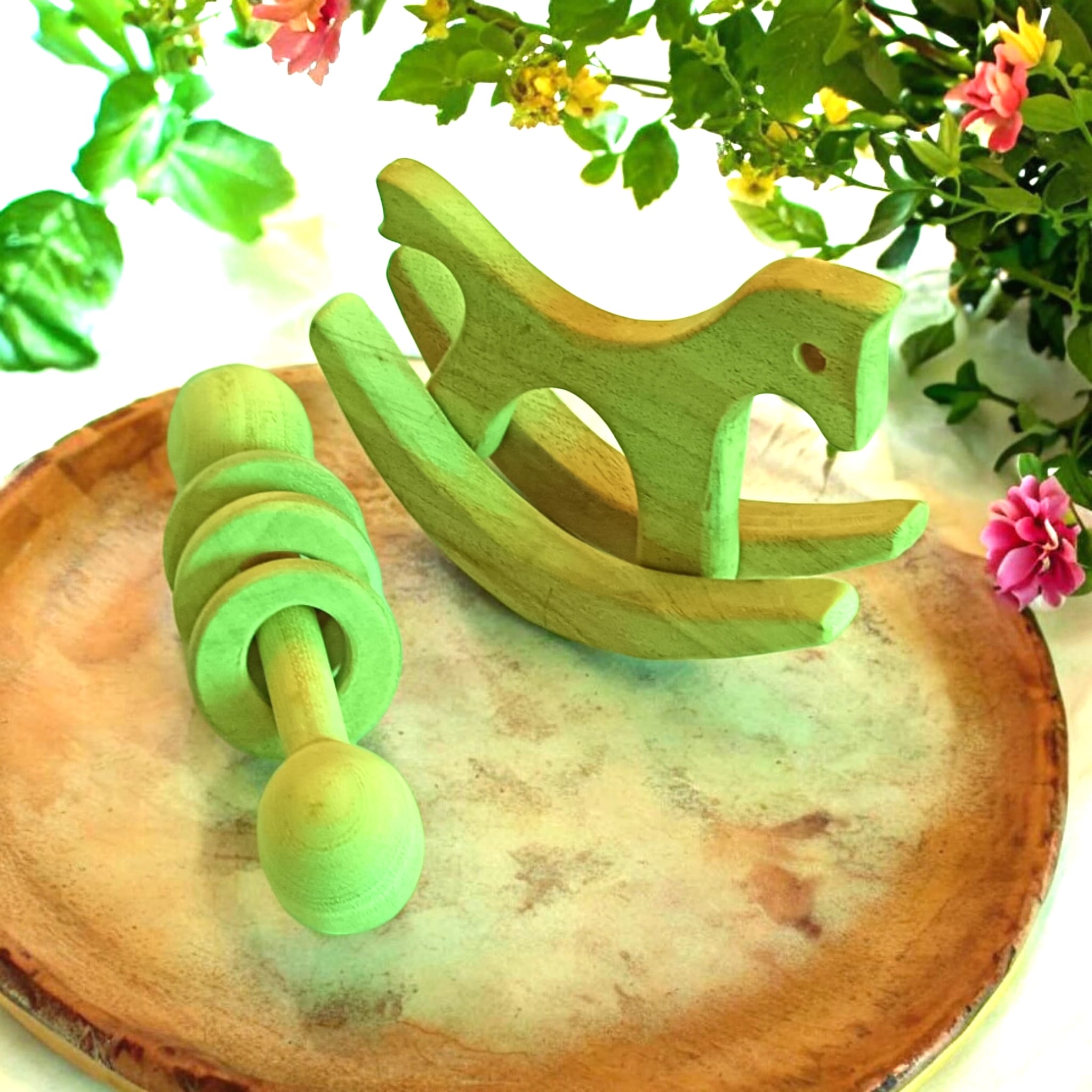 Neem Wood Baby Rattle Toy Swing Horse Dumbbell Ring | Wooden Teether India