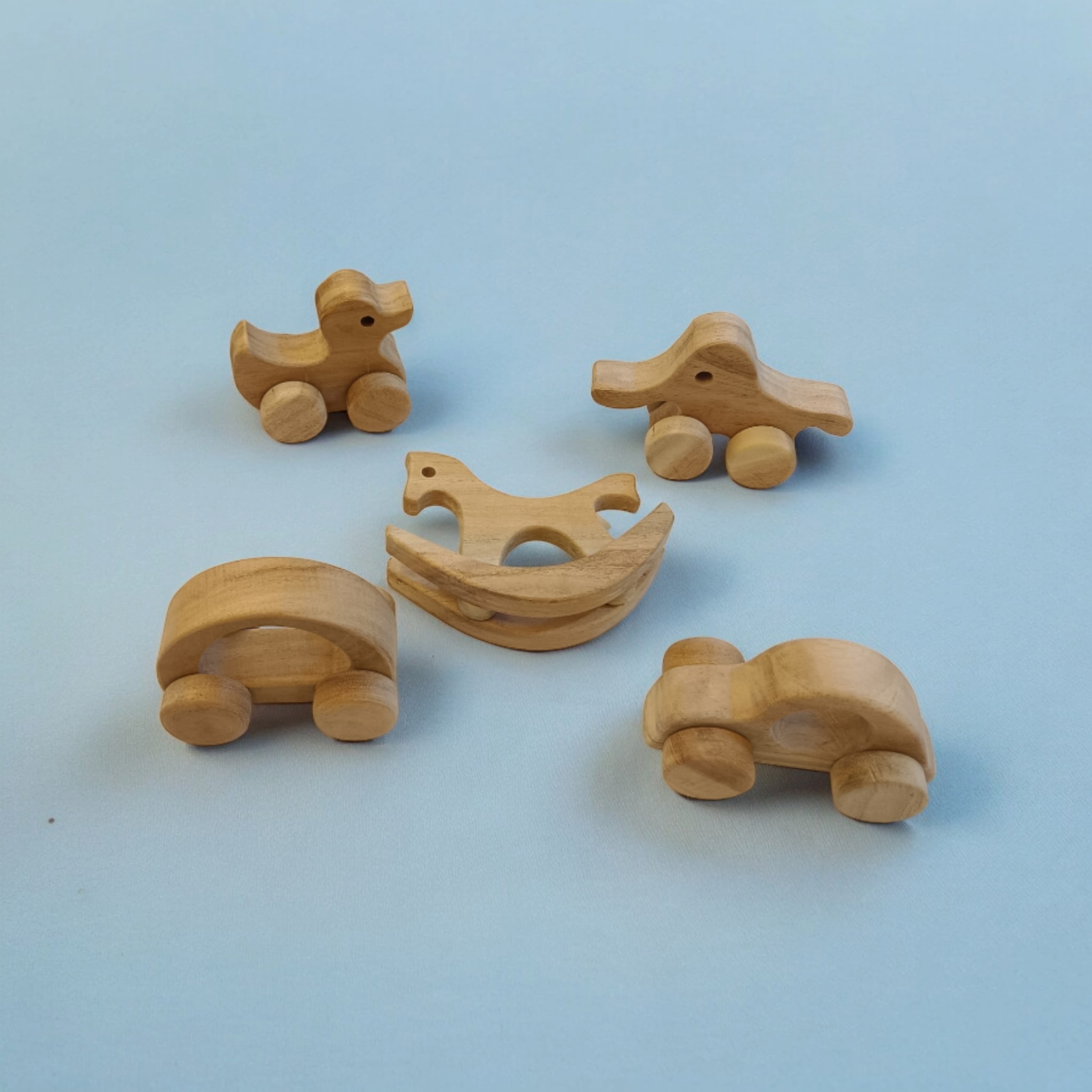 Neem Wooden Swing Horse & Wheel Toys Set of 5 | Natural Non-Toxic Baby Toys India