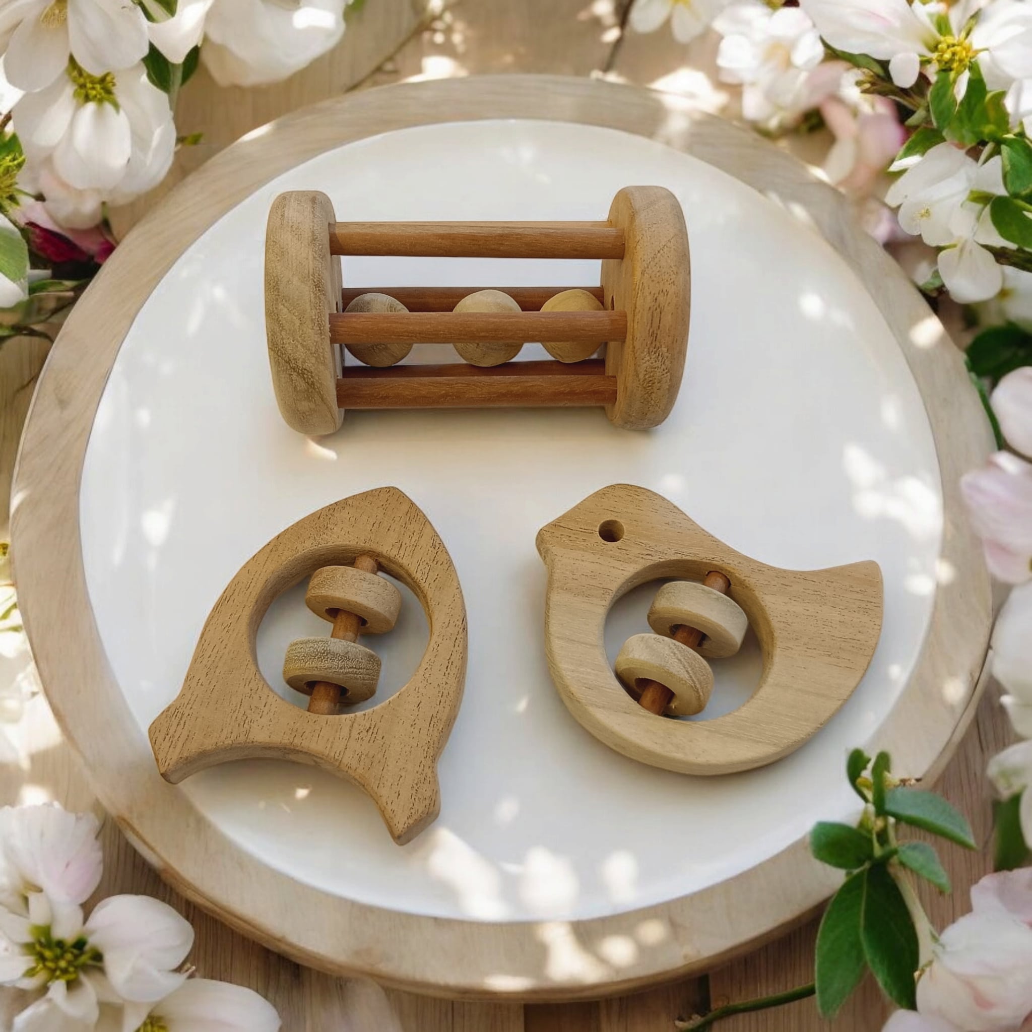 Neem Wooden Tumbler, Dove & Rocket Rattle for Babies – Natural Sound-Making Toy (0–3 Years)