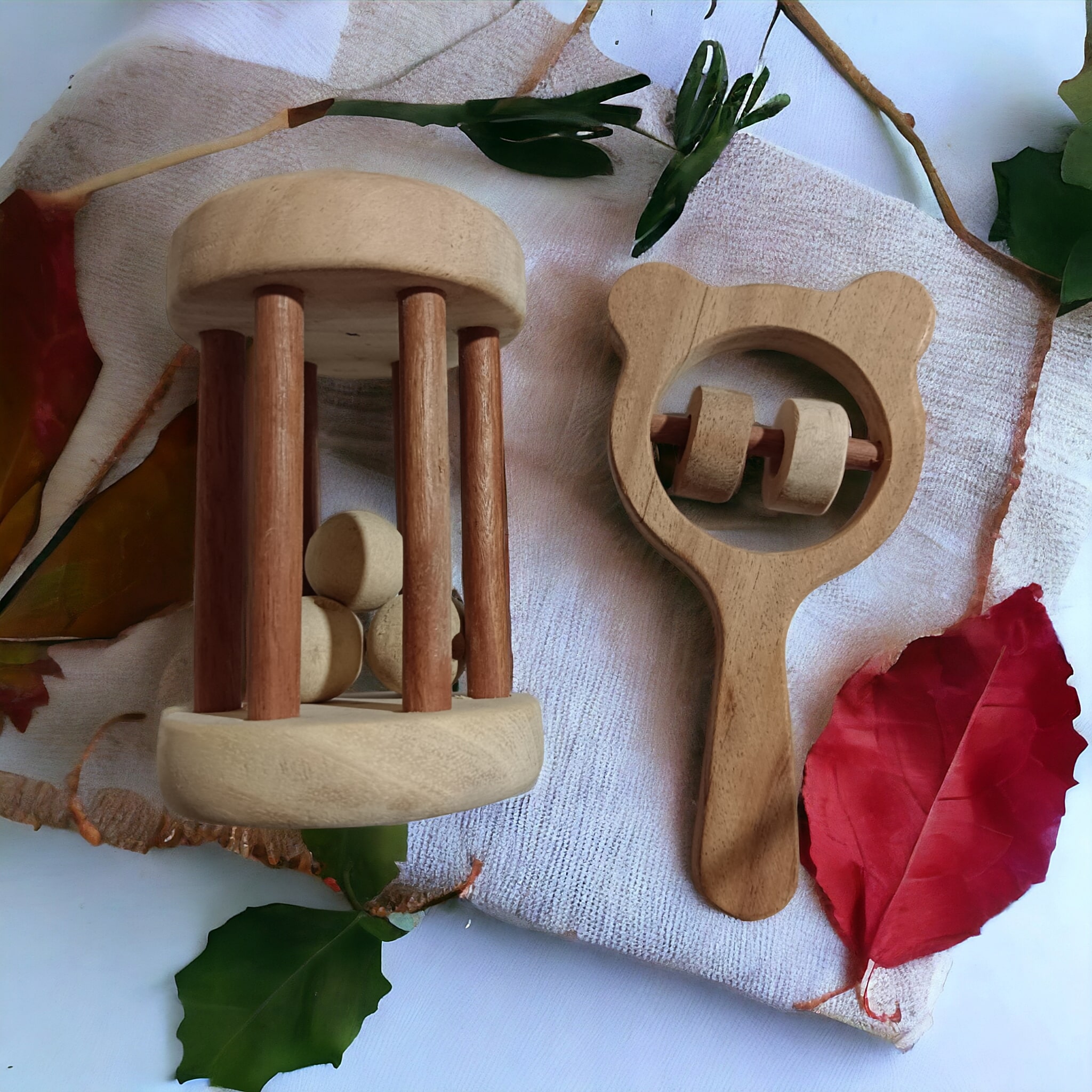 Neem Wooden Tumbler & Mickey Head Rattles for Babies – Natural Sound-Making Toy (0–3 Years)