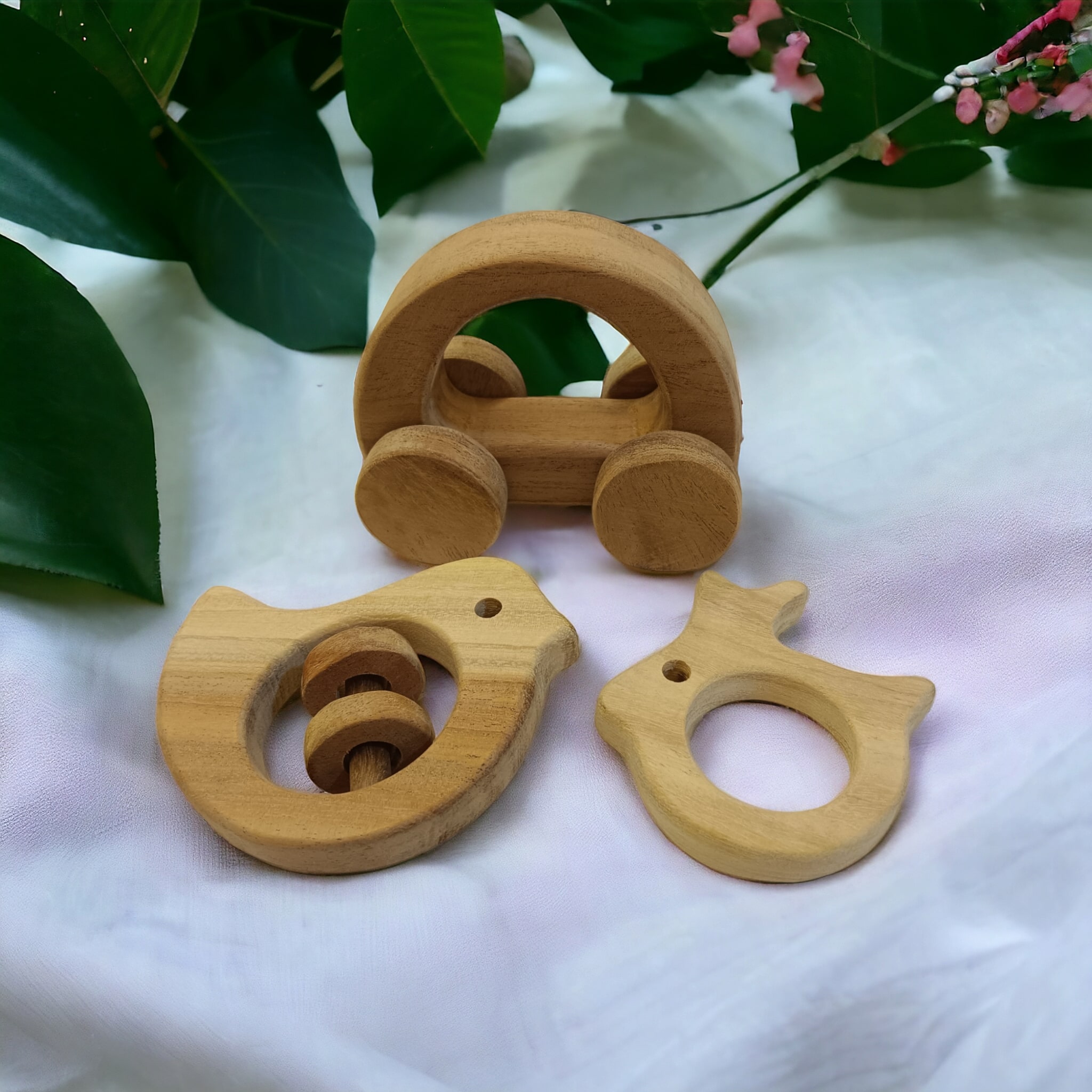 Neem Wood Baby Rattle Teether Wheel Toy Combo | Natural Wooden Baby Toys India