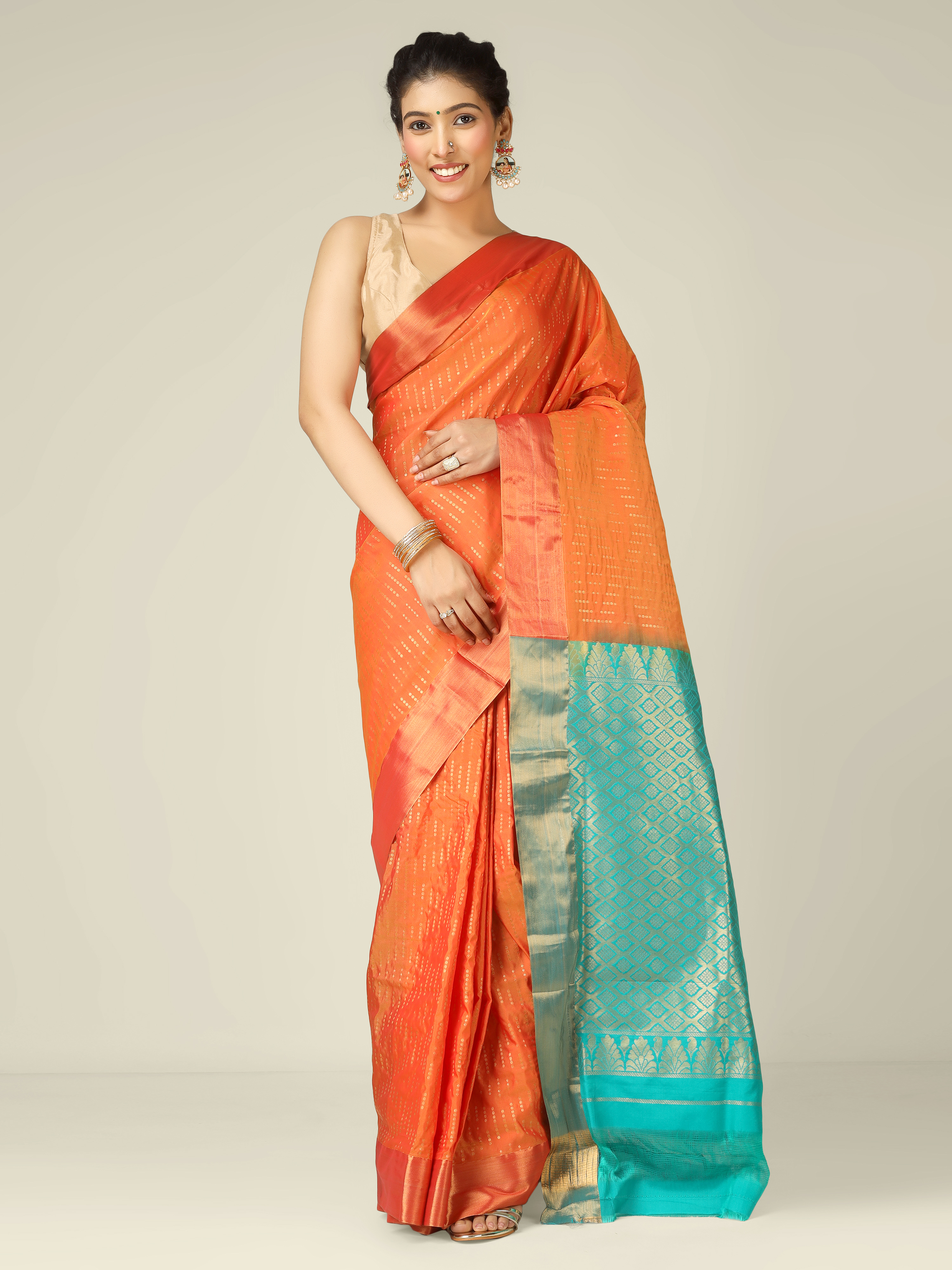 Orange and Teal Blue resham Silk sarees