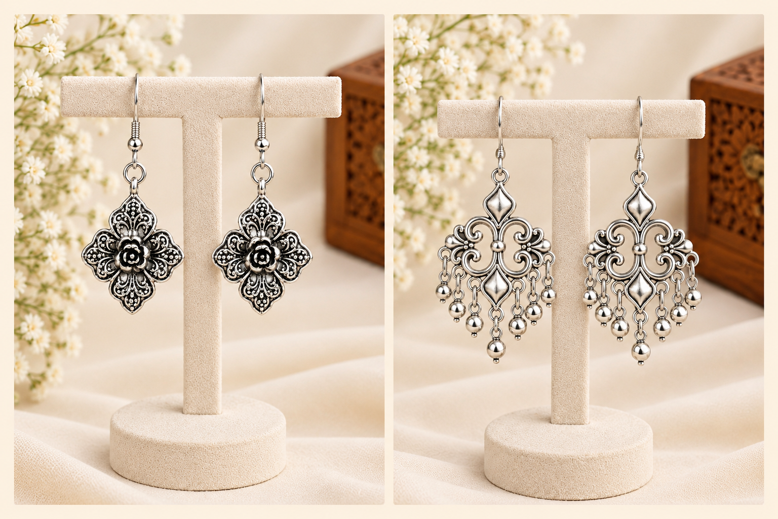 Oxidised Silver Floral Earrings combo pack of 2 pairs