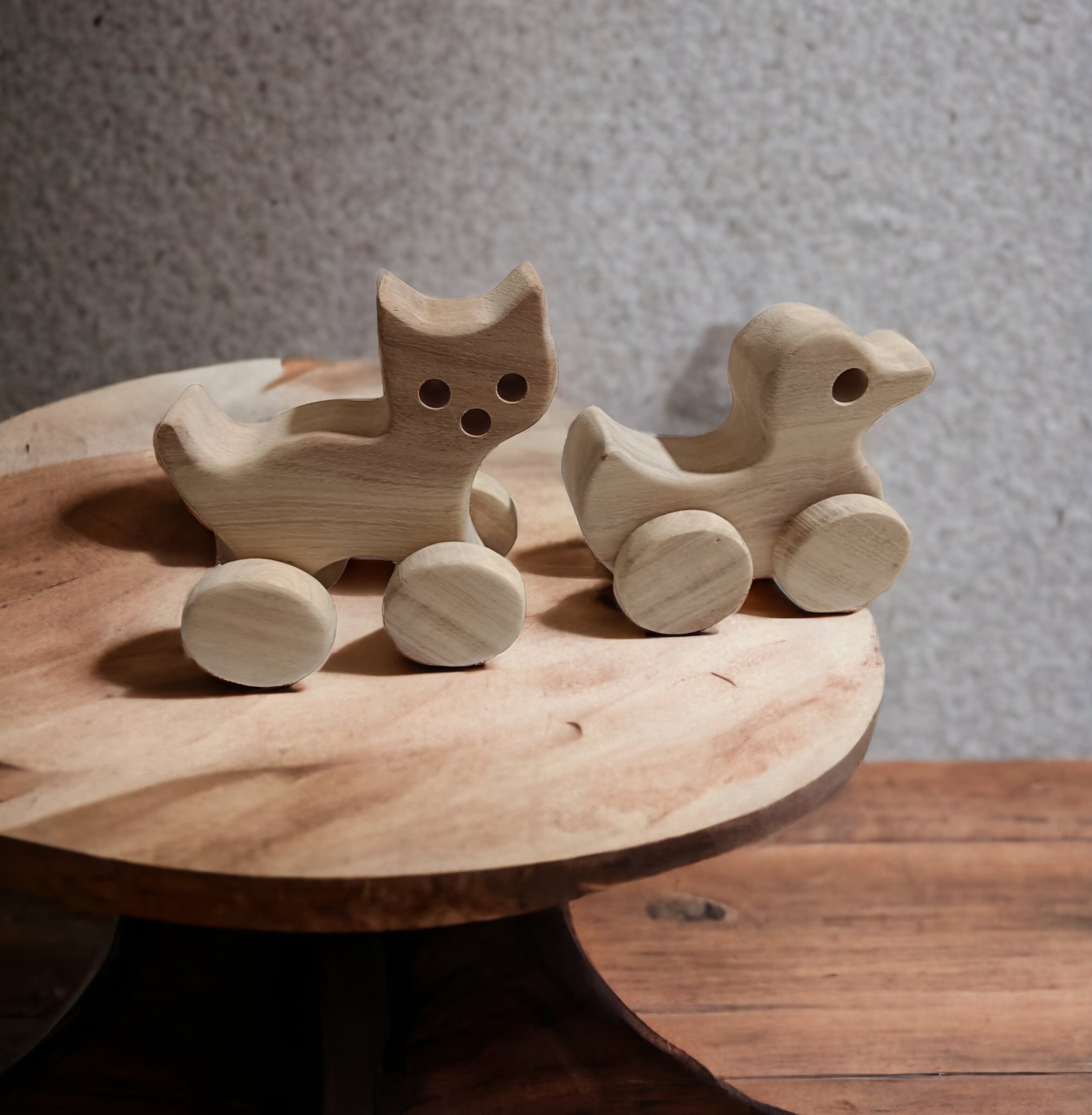 Neem Wooden Cat & Duck Wheel Toys Pack of 2 for Toddlers | Natural Push Pull Toy Set