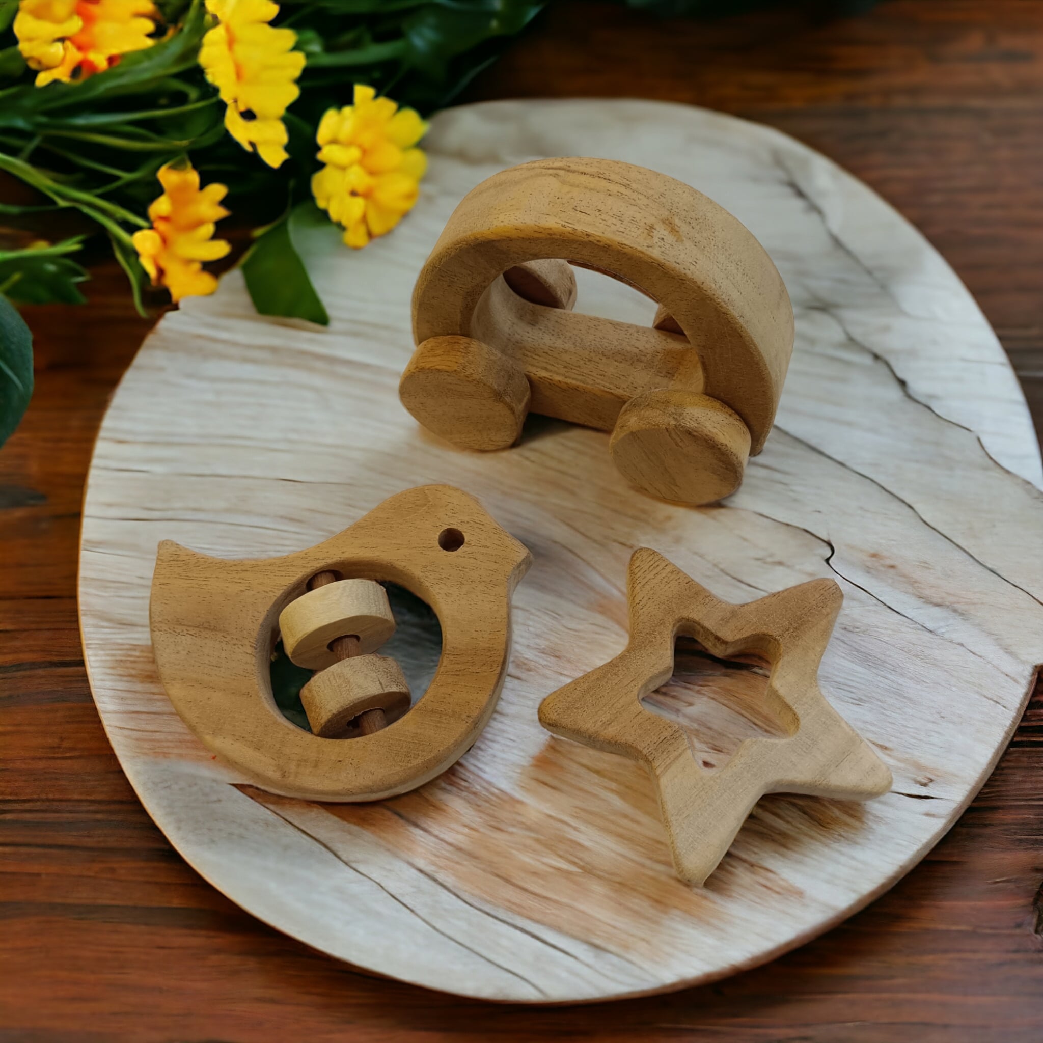 Pack of 3 Neem Wood Baby Rattle Teether Wheel Toy | Wooden Teething Toys India