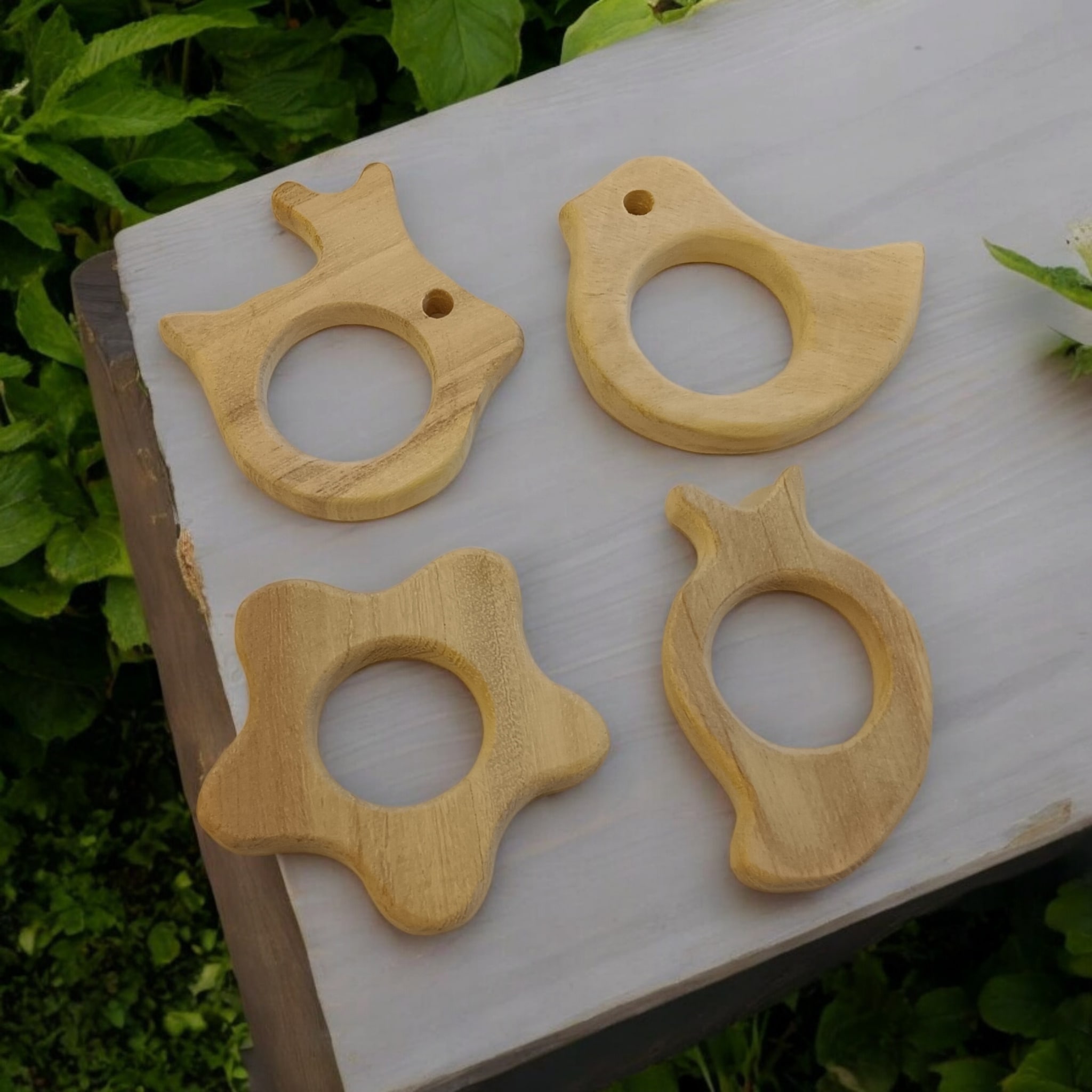 Neem Wooden Teether Combo – Rabbit, Flower, Dove & Mango Shapes | Natural Baby Toys