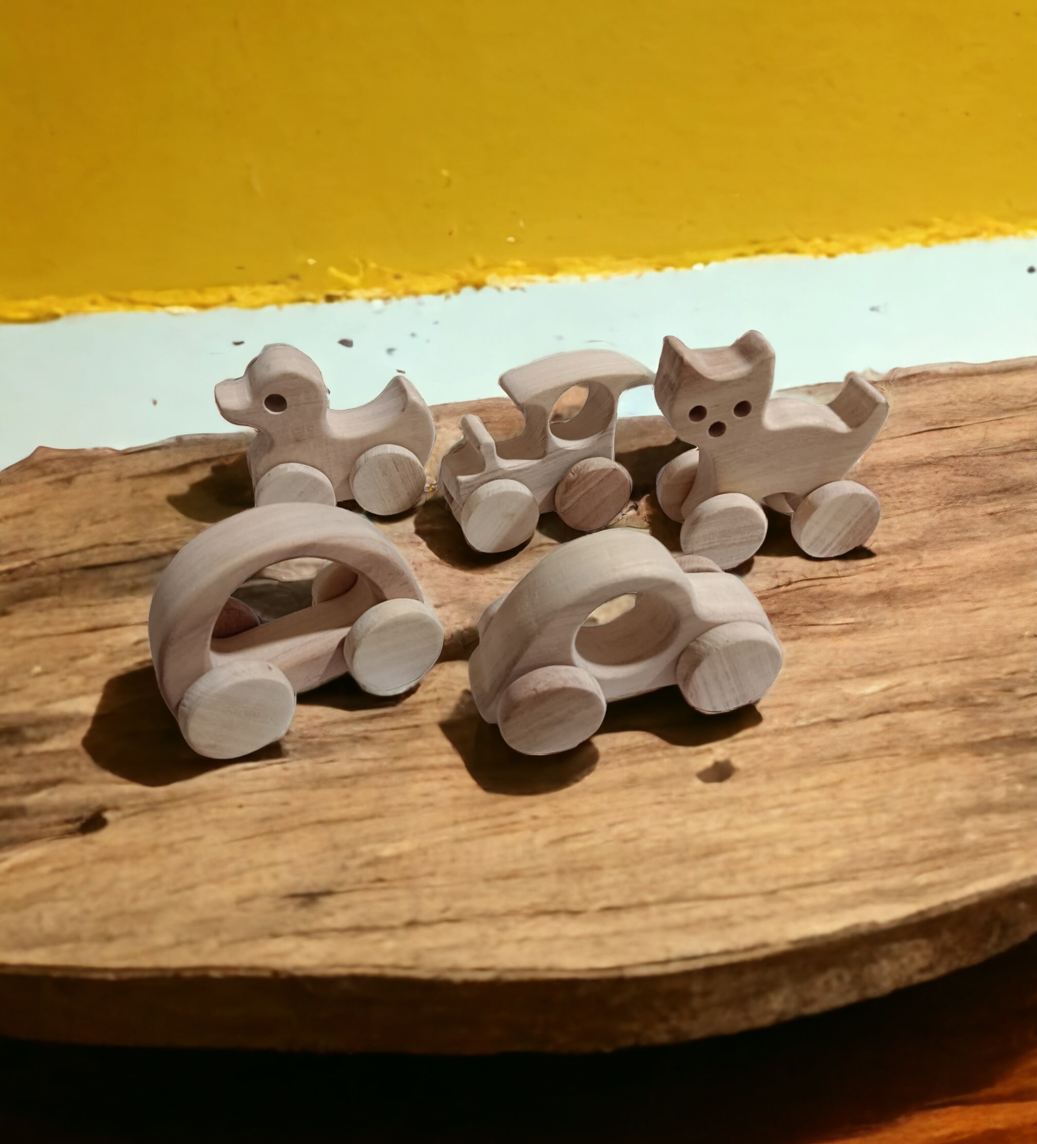Neem Wooden Wheel Toys Pack of 5 for Toddlers | Natural Antibacterial Push & Pull Toy Set