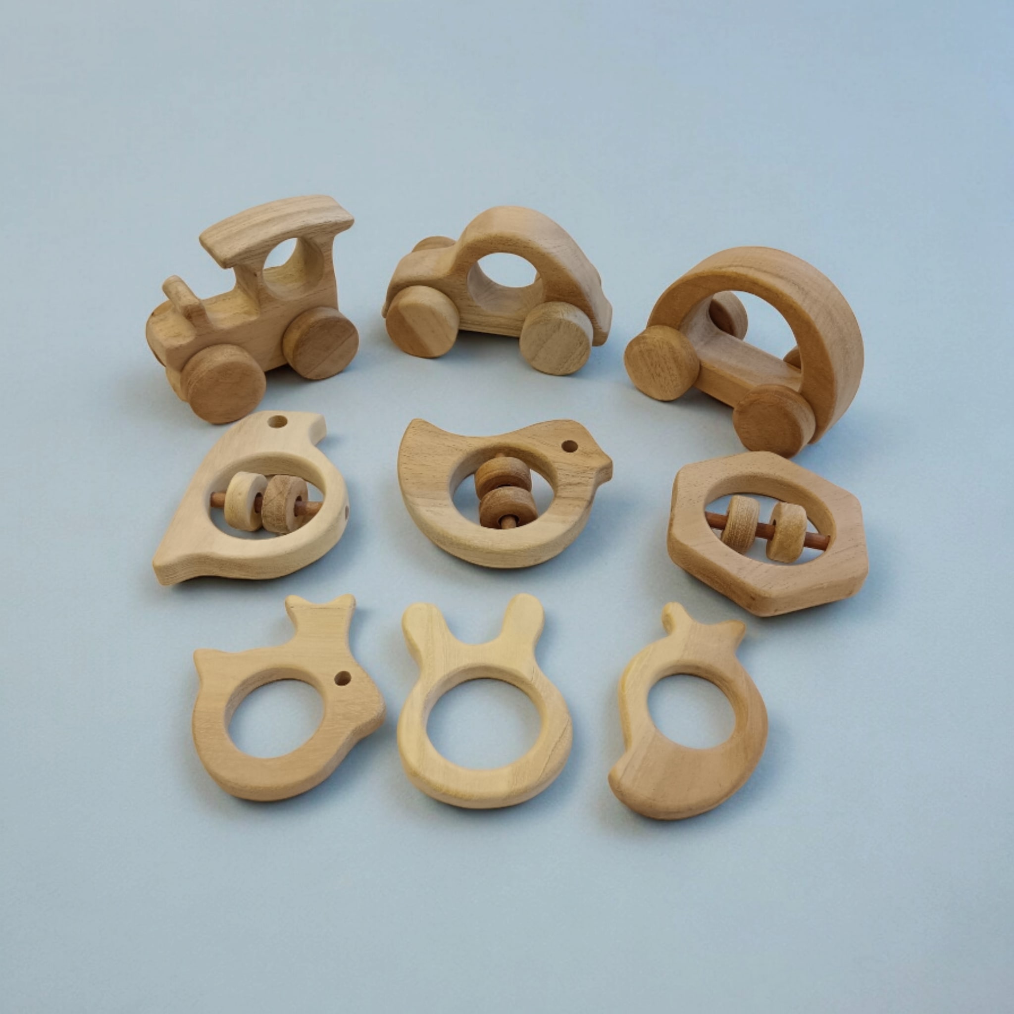 Pack of 9 Neem Wood Baby Teething Toys | Natural Wooden Teethers & Rattle Set India