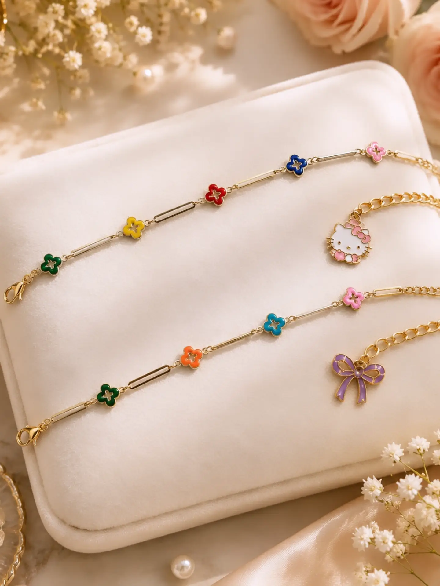 Pastel Charm Kids Bracelet Set – Hello Kitty & Bow Edition
