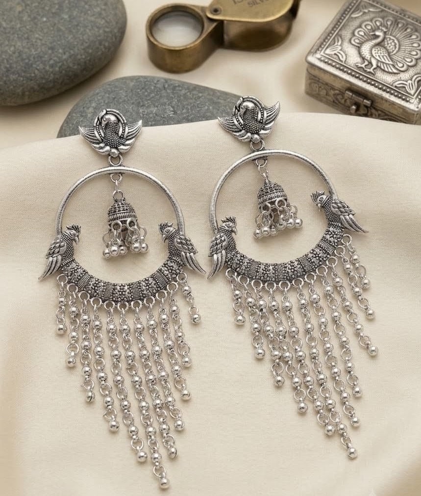 Oxidised Peacock Jhumka Chandbali Earrings for Women | Traditional Silver-Tone Long Dangler Earrings