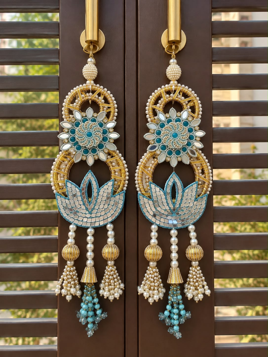 Peacock Lotus Hanging Set of 2 | Mirror Work Pearl Tassel Door Decor