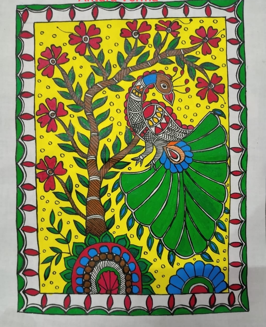 Handmade Madhubani Peacock on Branch Painting | Traditional Indian Folk Art | Original Hand-Painted Wall Decor