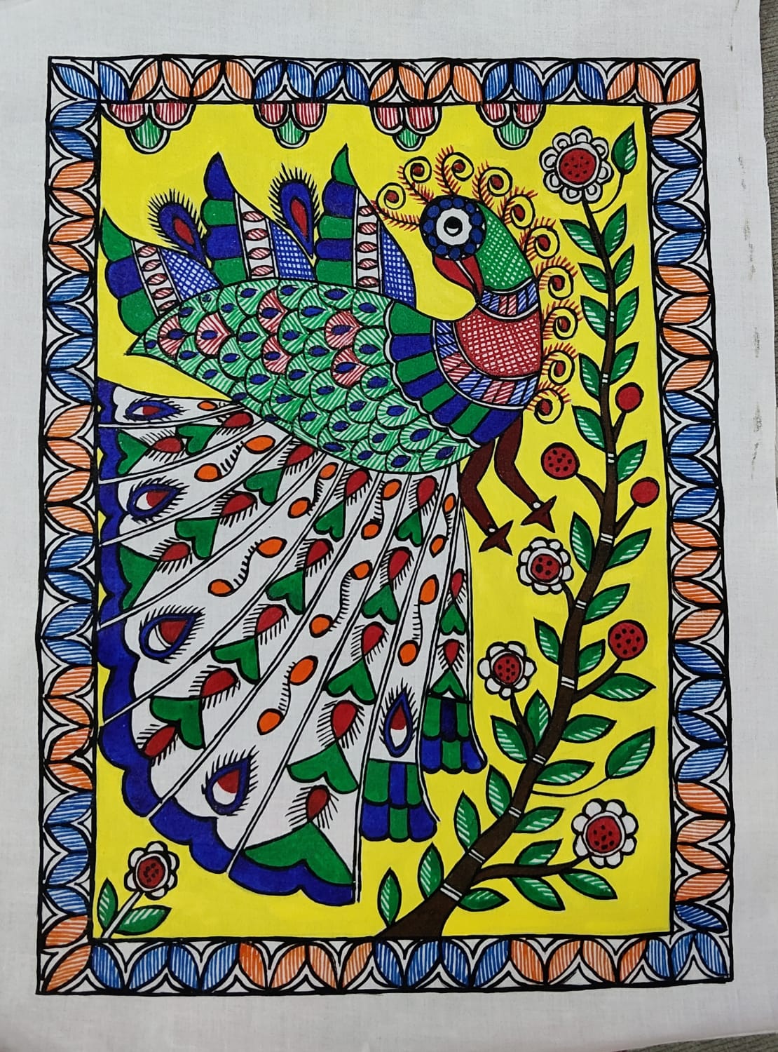“Celestial Grace: Peacock Resting on a Blooming Branch”