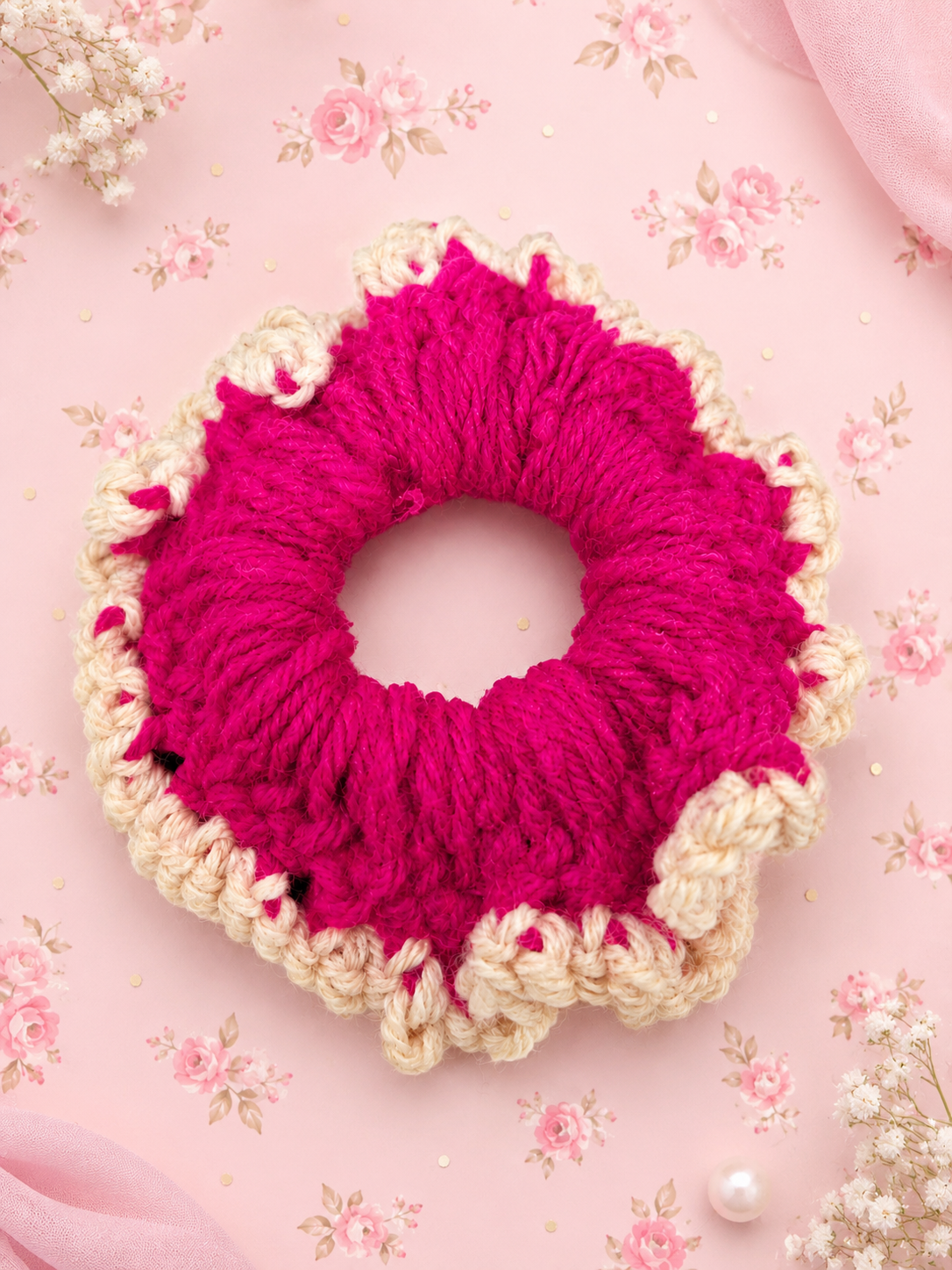 Pink & Cream Ruffled Crochet Ponytail Holder