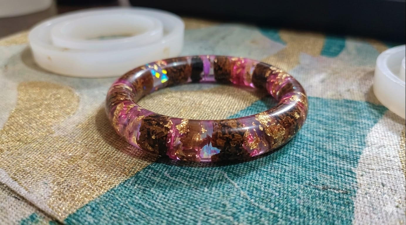 Pink & Gold Leaf Botanical Resin Bangle With Rudraksh Touch