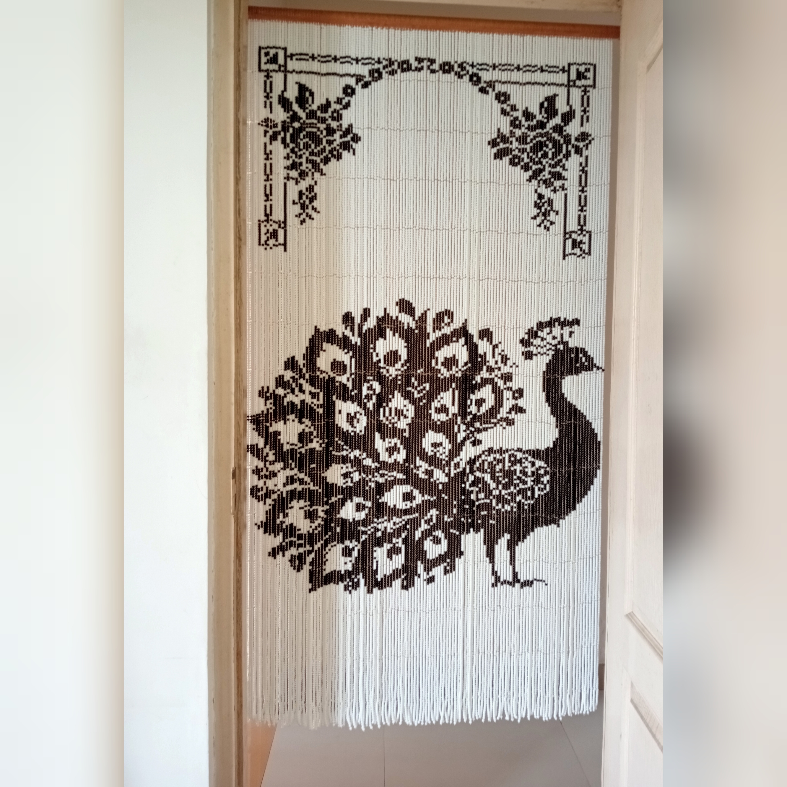 Pixel Glass Bead Curtain - Peacock Design - In Black and White Glass Beads - For Room Doors of 3x7ft-  As Living Room Partitions - Heirloom artwork - Rare handicraft - Ready-to-ship