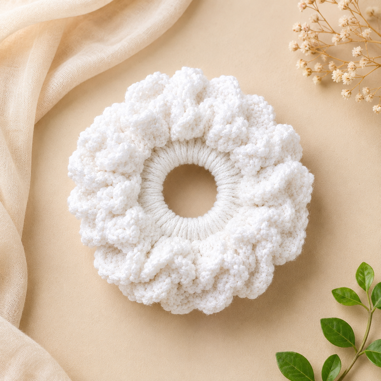 Premium Crochet Hair Scrunchie – Handmade Soft White Yarn Hair Band