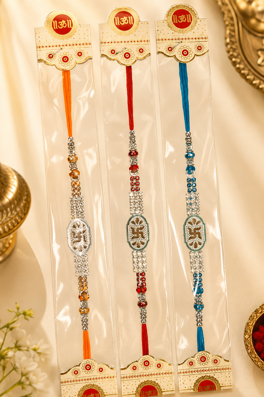 Premium Designer Rakhi Set of 3 | Om & Shree Silver-Plated Beaded Rakhi for Brother