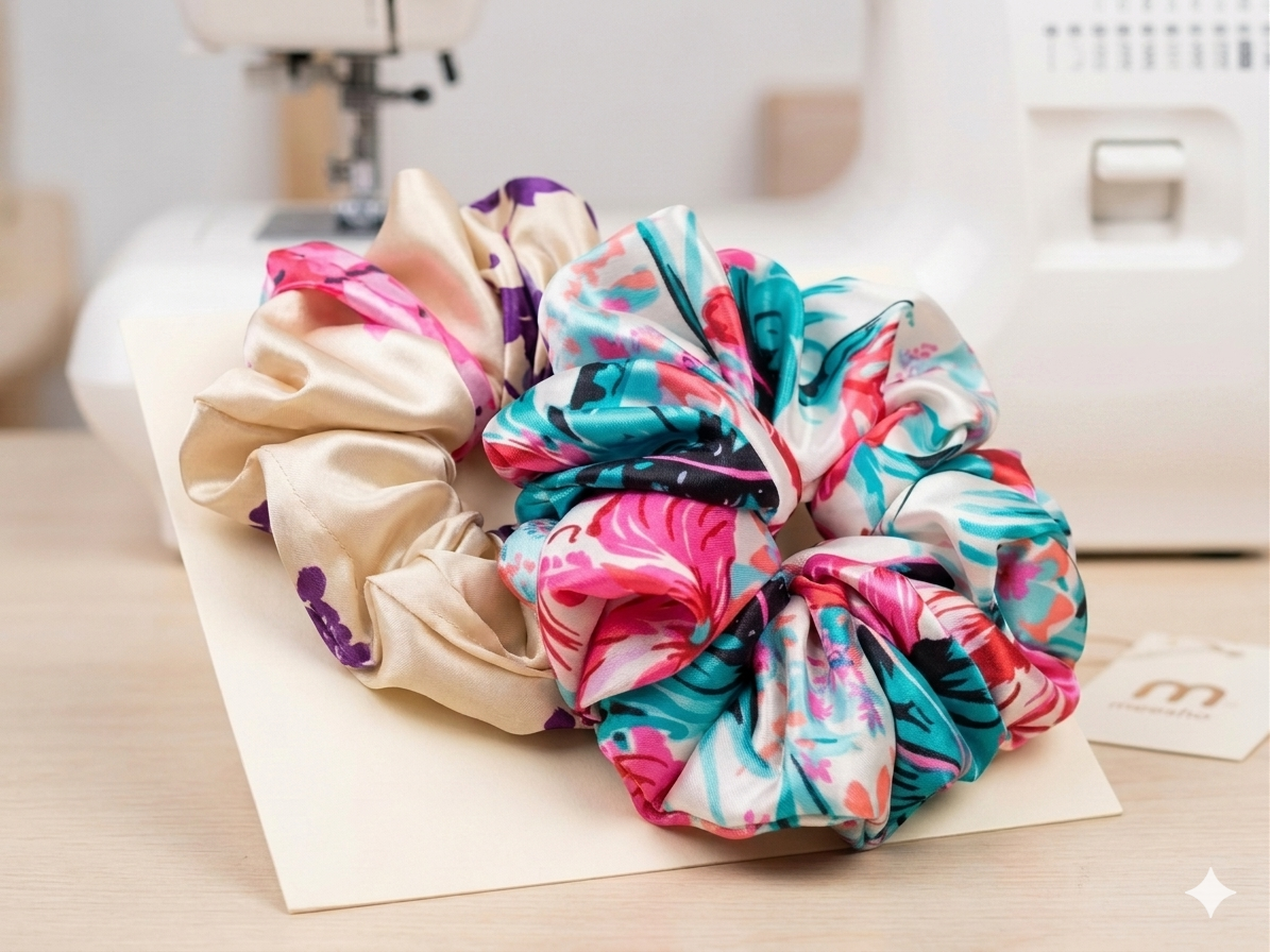 Premium Floral Satin Scrunchie Duo – Tropical Teal & Cream Blossom