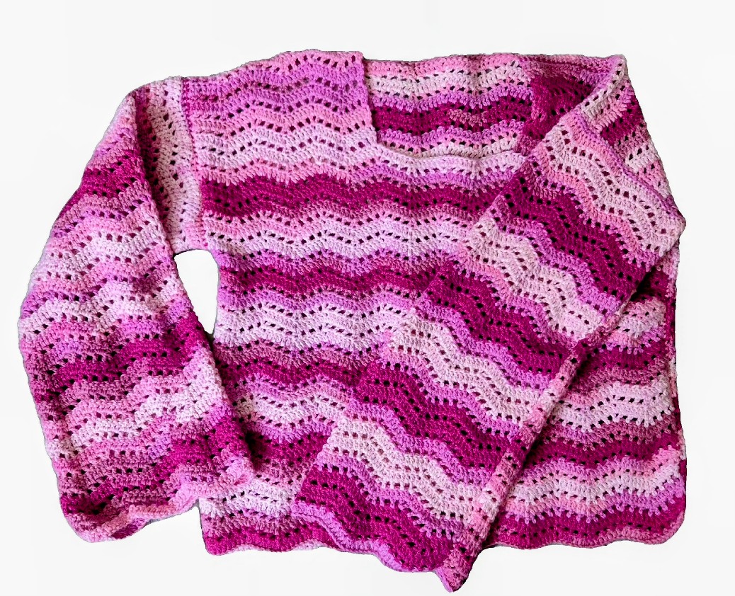 Premium Hand-Knitted Cotton Pink Wavy Gradient Top - Drop-Shoulder Relaxed Fit