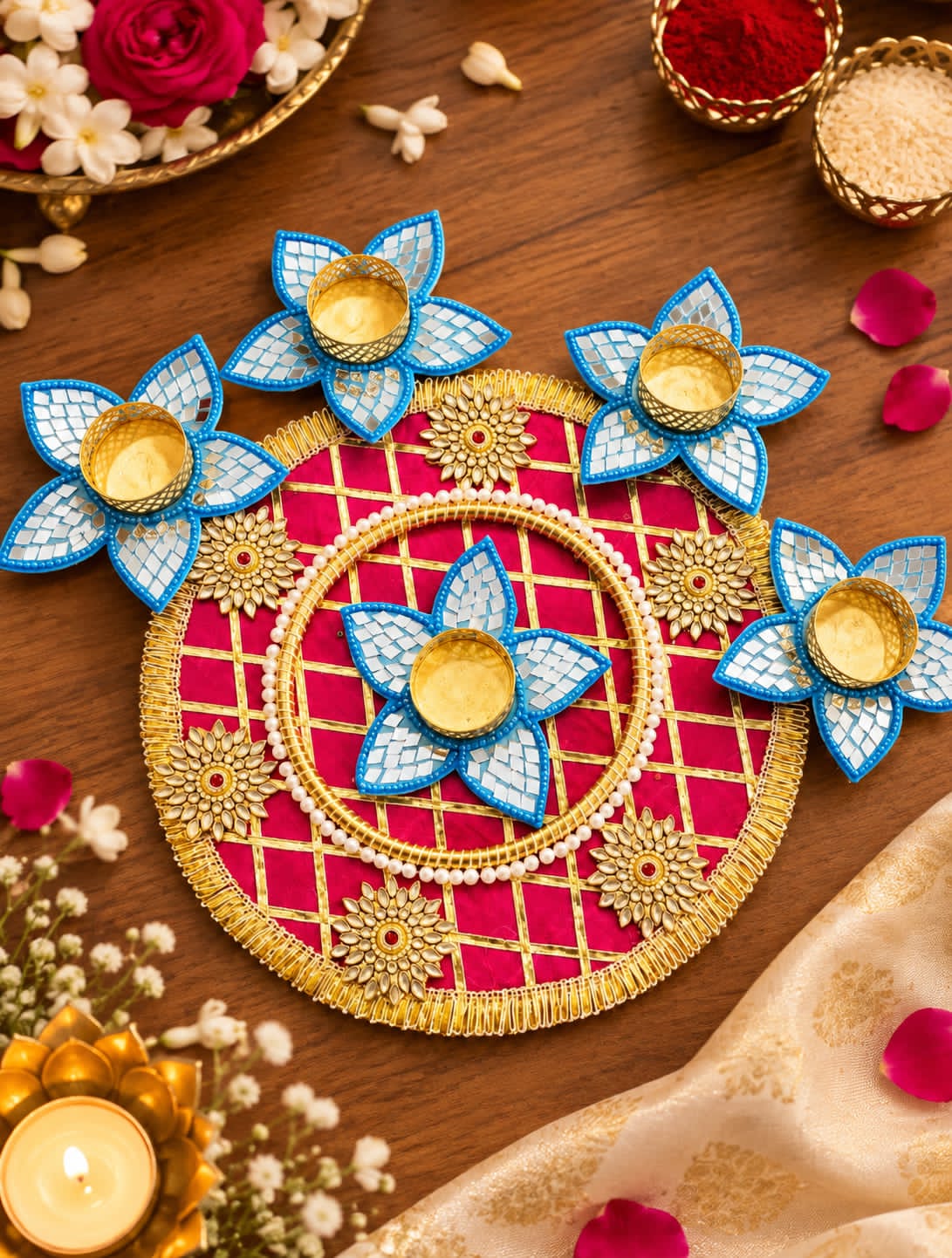 Premium Lotus Rangoli Set with Tealight Holders