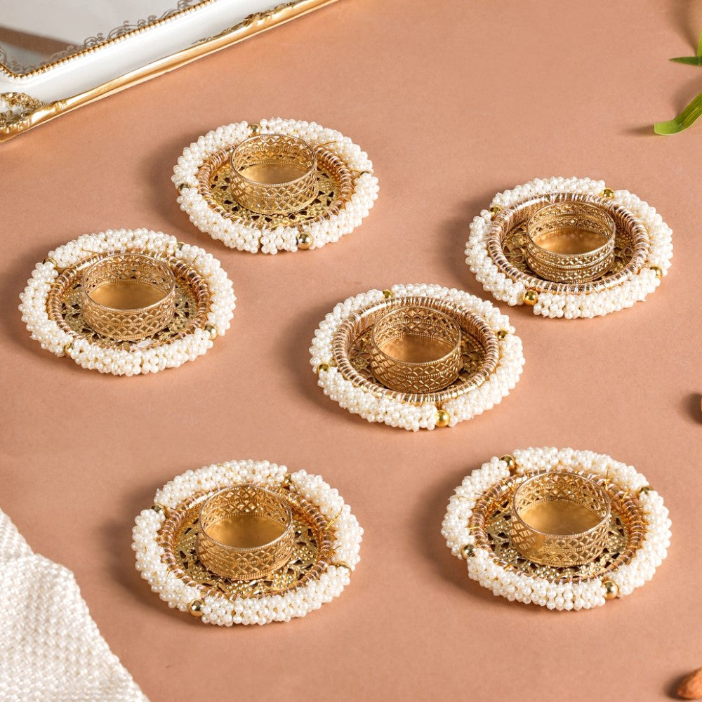 Premium Pearl Embellished Diya / Tealight Holder Set of 6 for Pooja & Festive Decoration