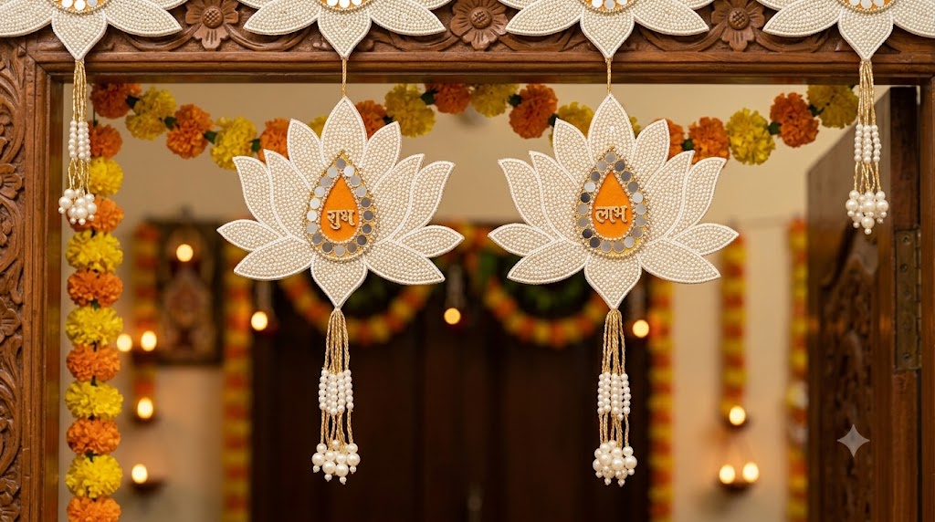 Premium Pearl Shubh Labh Lotus Wall Hanging Set of 2 | Decorative Door & Wall Hanging for Festive Home Décor