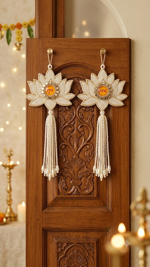 Premium Shubh Labh Lotus Wall Hanging Set of 2 | Pearl Beaded Decorative Door & Wall Hanging for Festive Home Décor