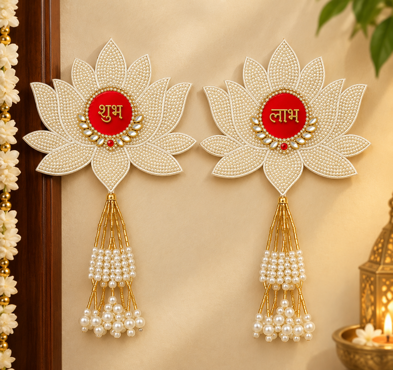 Premium Shubh Labh Pearl Lotus Wall Hanging Set of 2 | Traditional Festive Door & Wall Decor