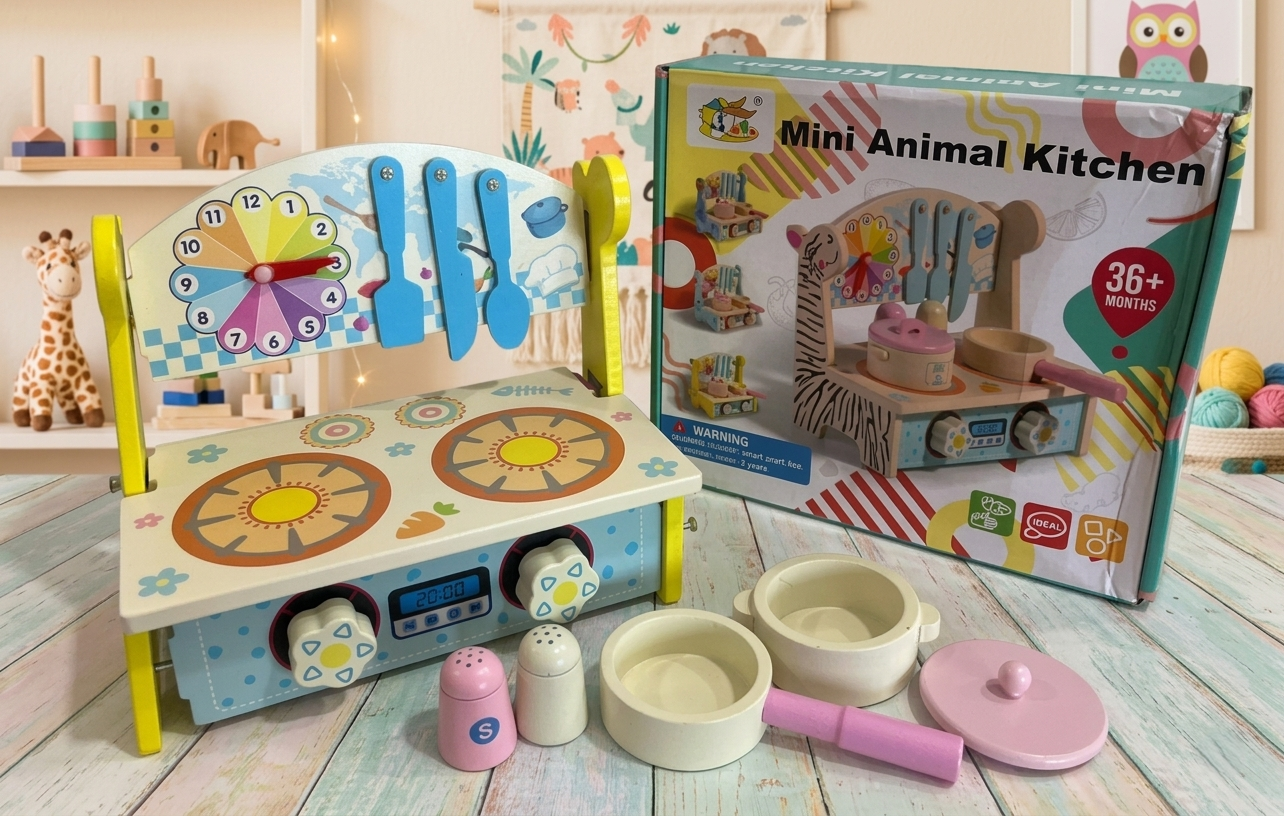 Premium Wooden Animal Theme Mini Kitchen Set for Kids | Animal Tabletop Cooking Playset with Utensils & Accessories