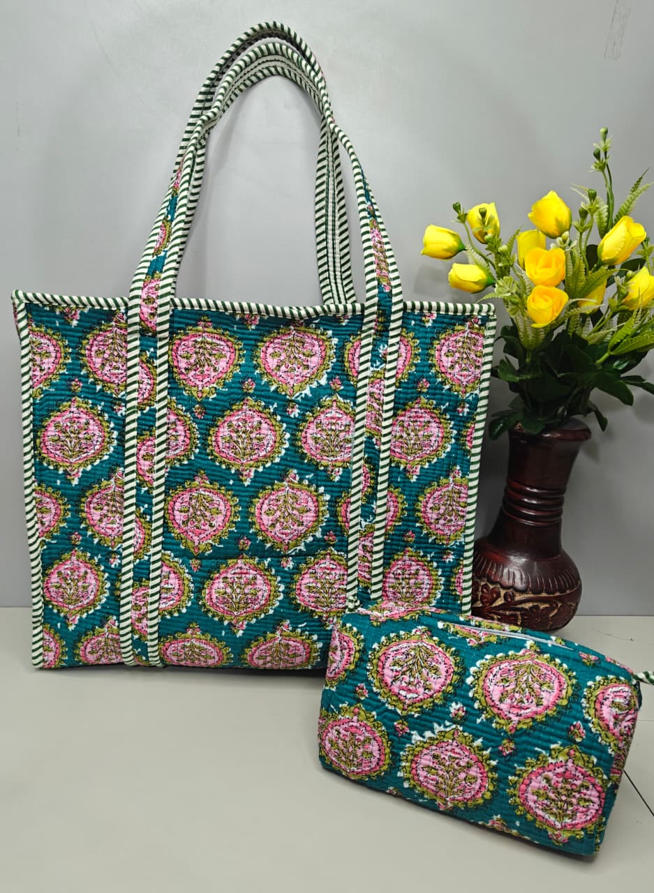 Printed Quilted Cotton Tote Bag with Matching Zip Pouch | Spacious Everyday Handbag