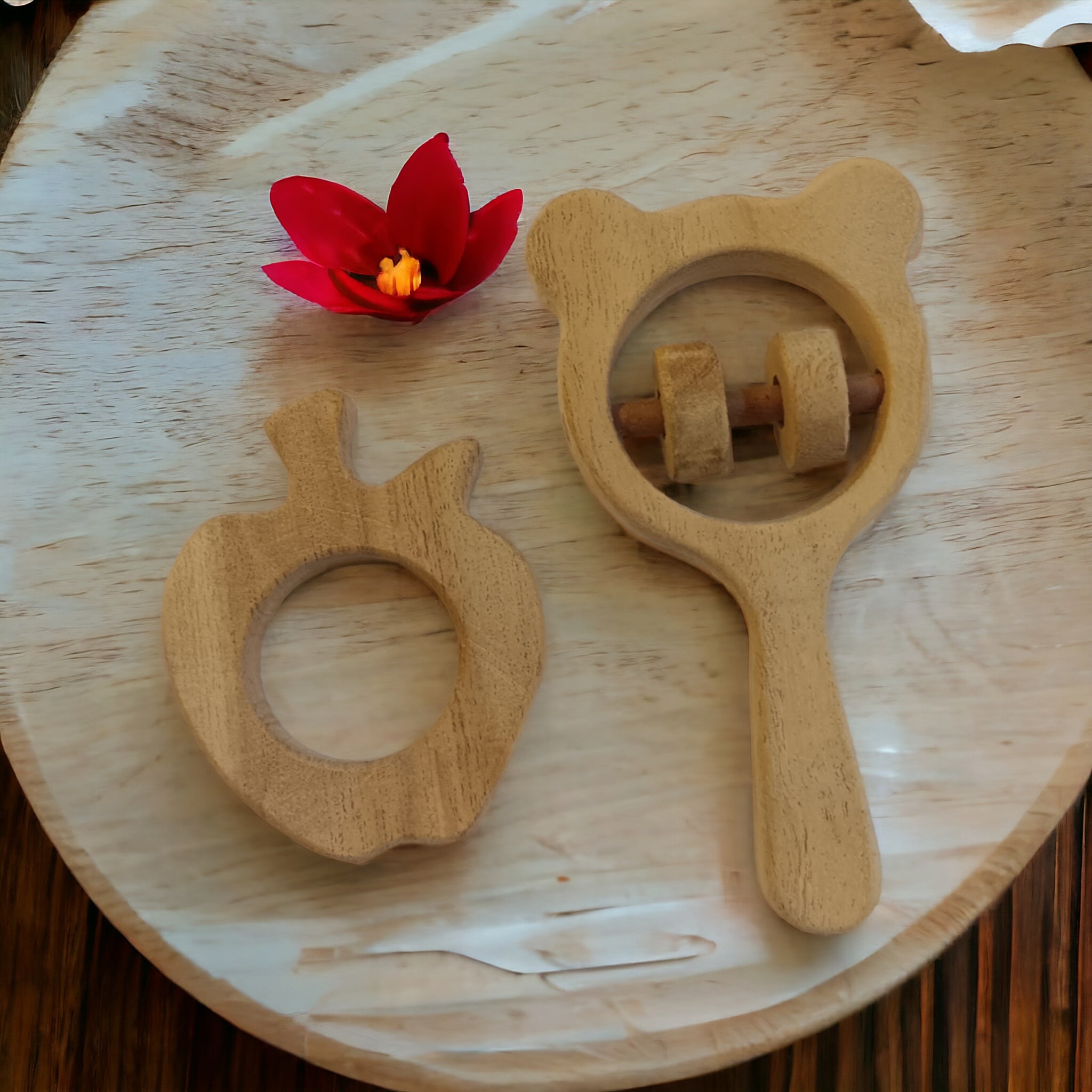 Neem Wooden Rattle & Teether Combo – Mickey Head & Apple Shapes for Babies