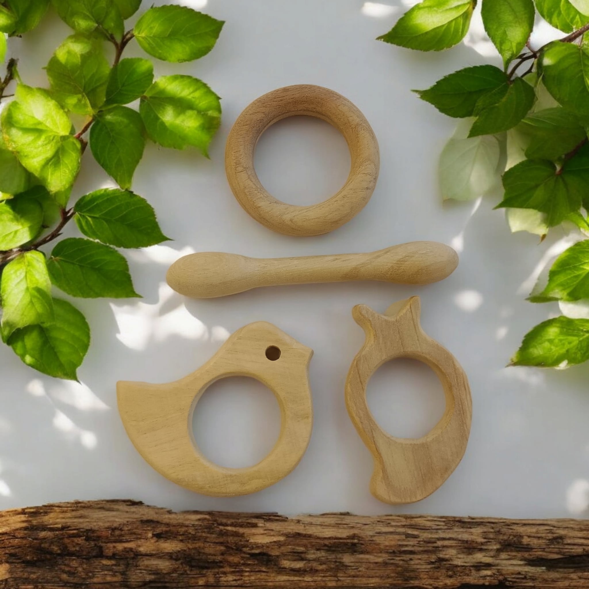Neem Wooden Baby Teether Set (Dumbbell, Ring, Mango, Dove) | Natural & Safe Teething Toys India