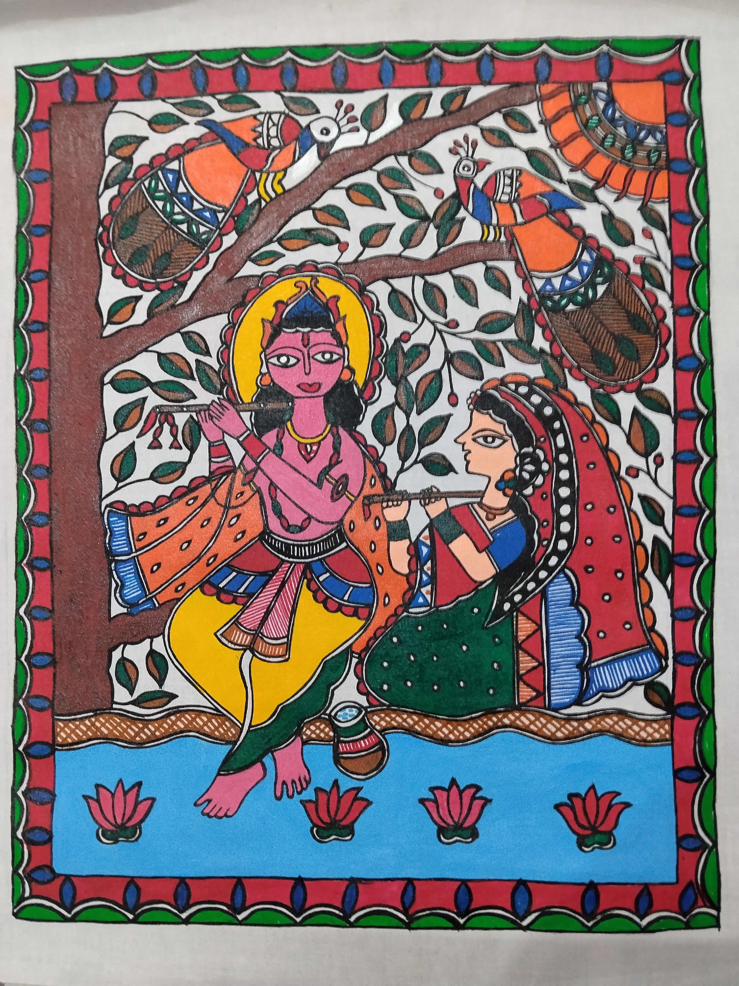 Handmade Madhubani Radha Krishna Painting | Traditional Indian Folk Art | Original Hand-Painted Wall Decor