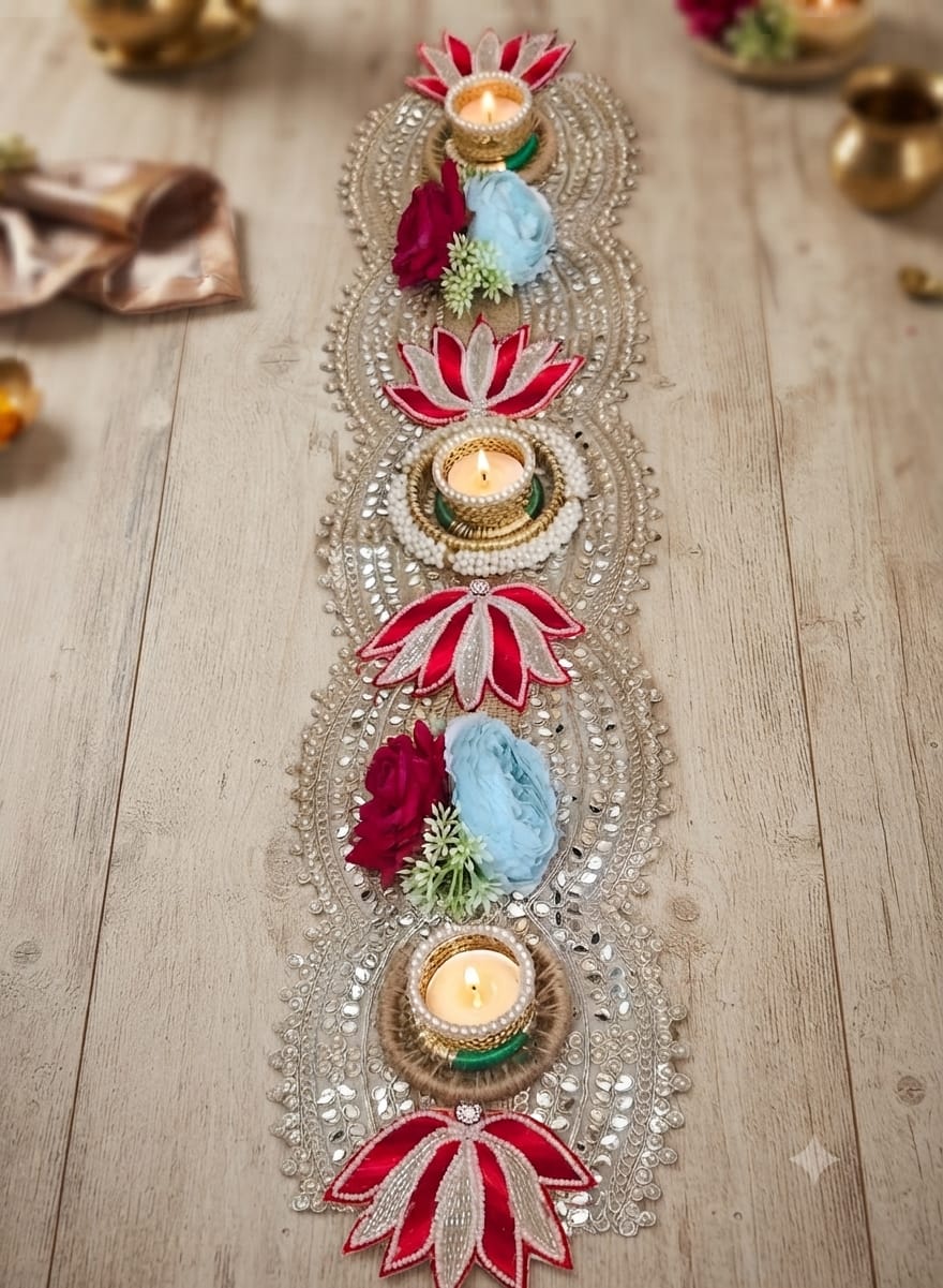 Rajsi Lotus Diya Table Runner – Red & Silver Festive Centerpiece