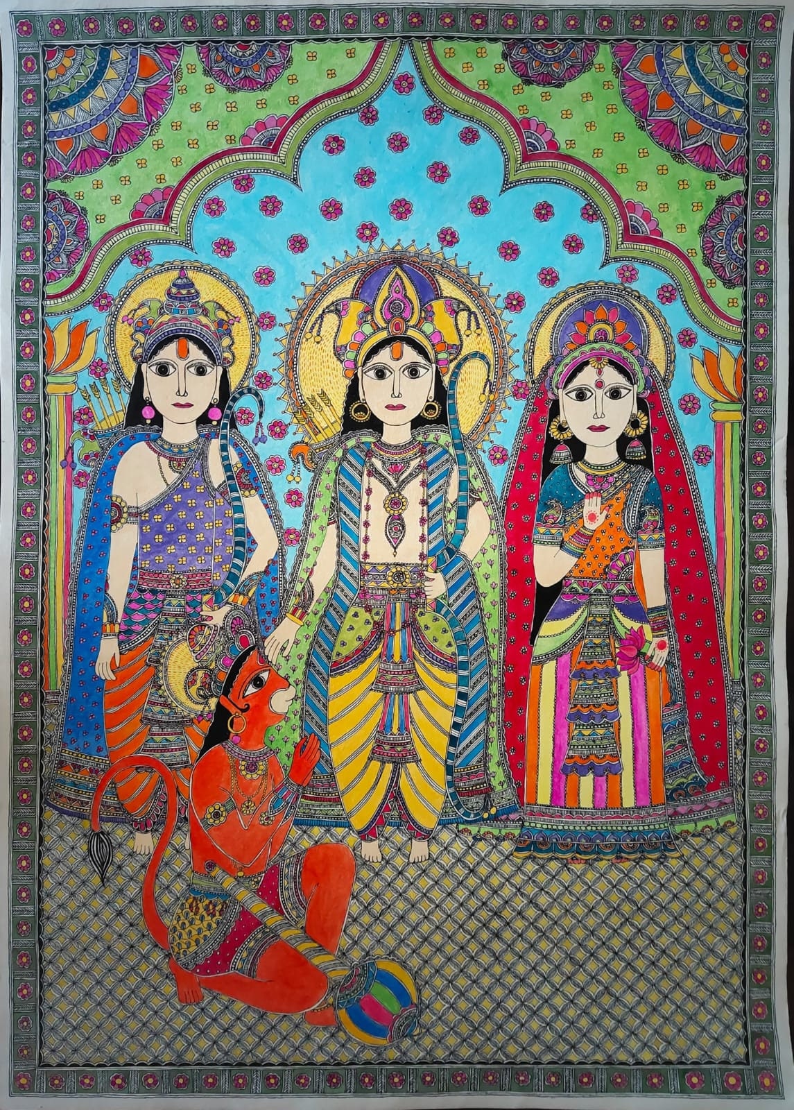 Ram Darbar Madhubani Painting, Large Indian Folk Art,