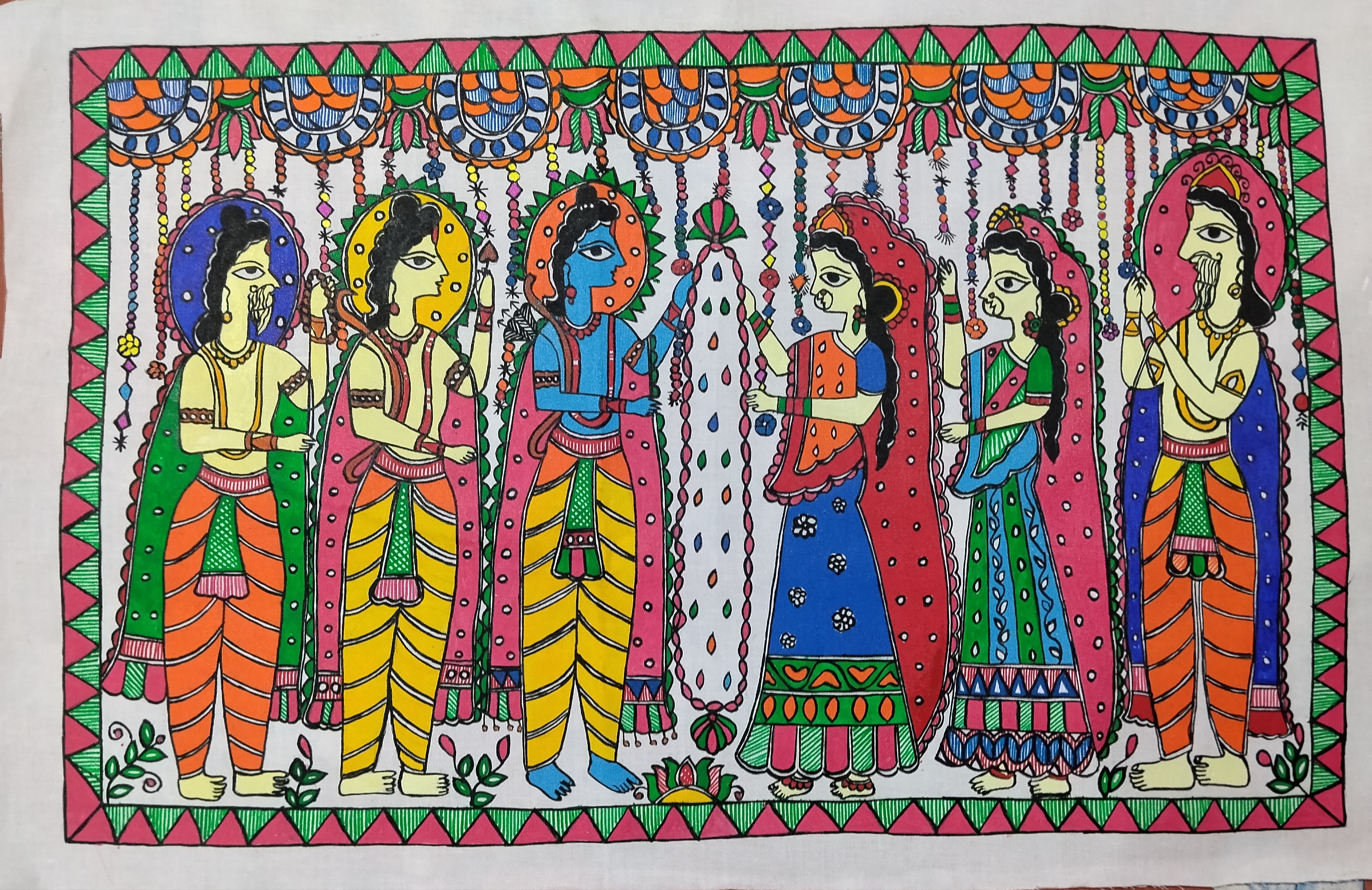 “Divine Jaimala: Handcrafted Madhubani Depiction of Ram and Sita’s Sacred Union”