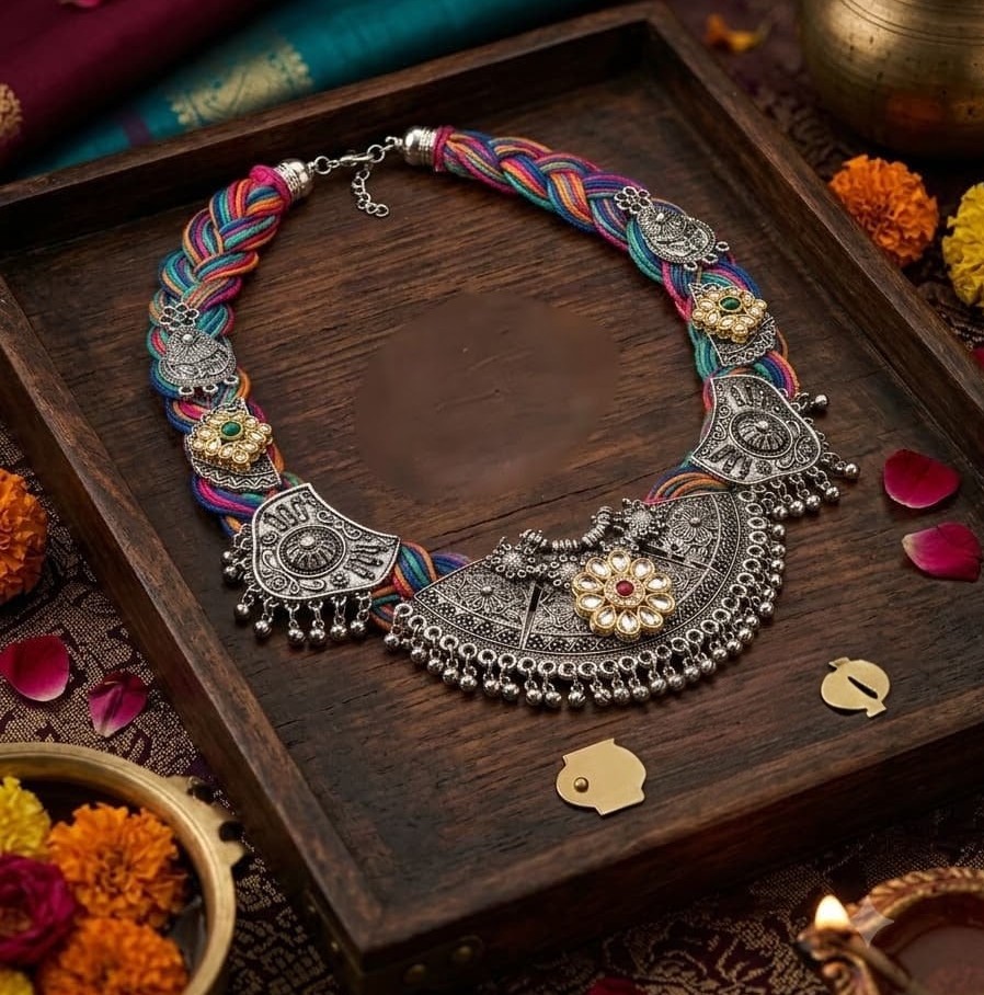 Rang Riwaaz Multicolour Thread Oxidised Necklace  | Traditional Statement Jewellery