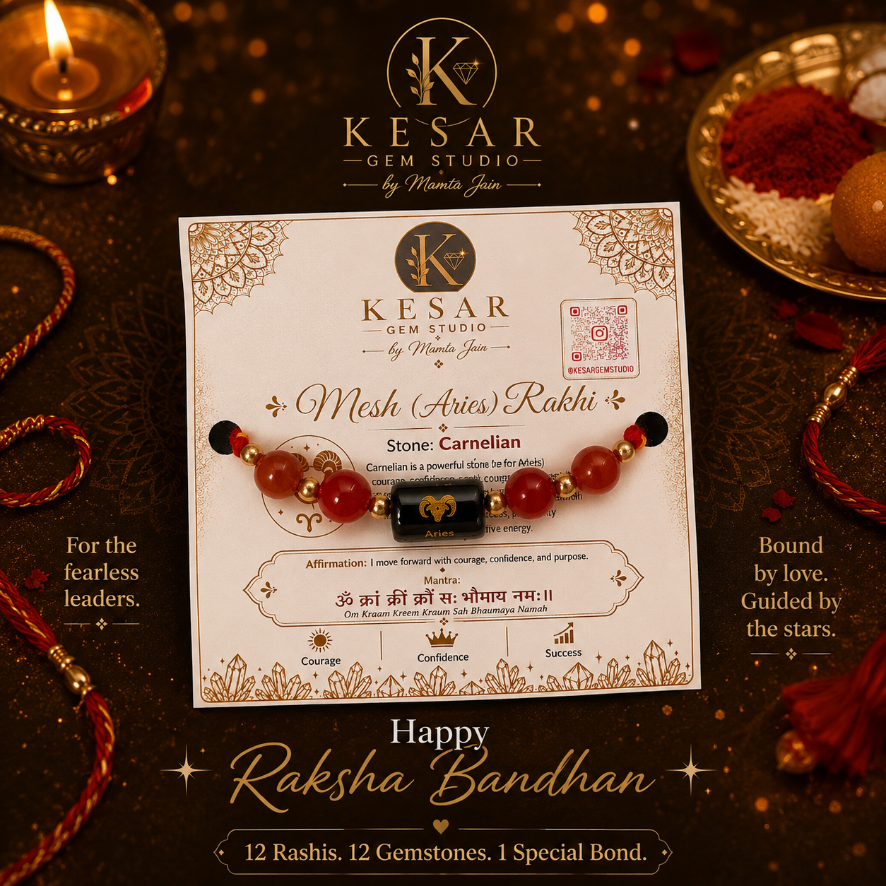 Rashi Gemstone Rakhi – Mesh (Aries) with Natural Carnelian