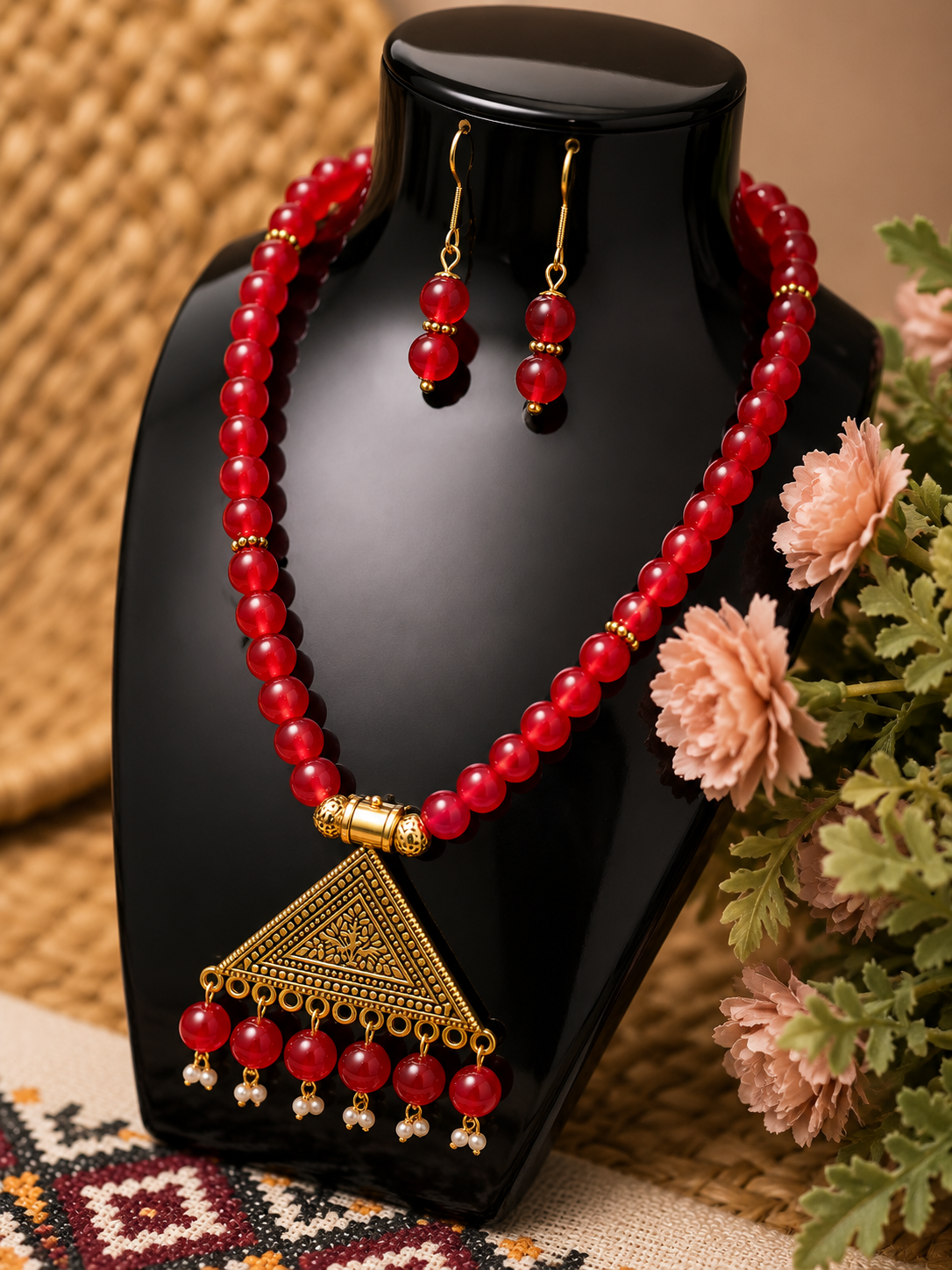 Red Glass Bead with oxidised pendant necklace set