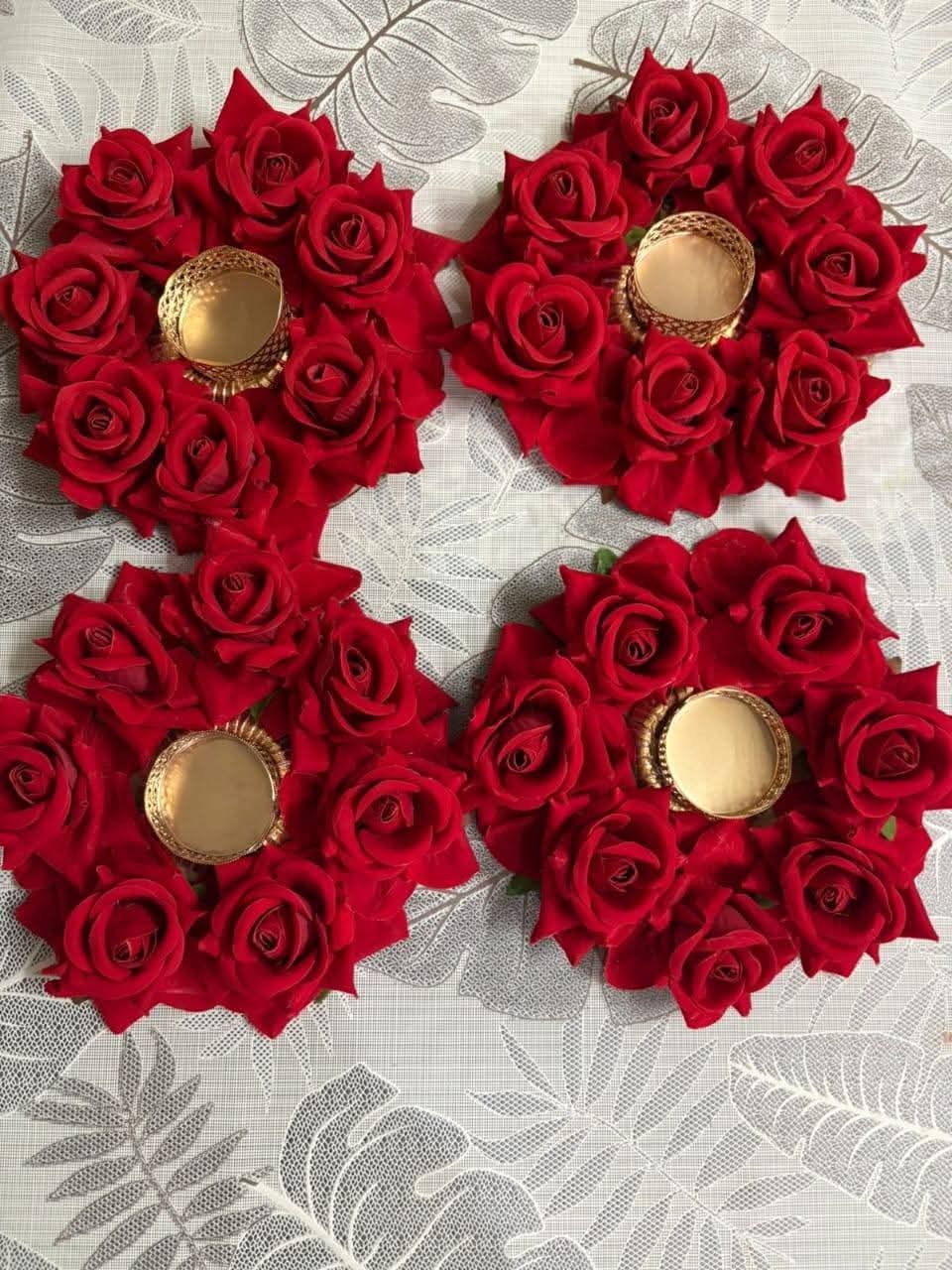 Red Rose Floral Diya Holder Set