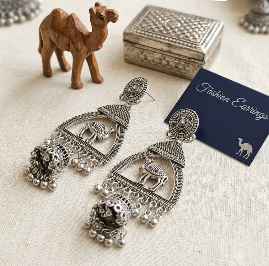 Regal Camel Riwaaz Oxidised Jhumka Earrings | Traditional Camel Motif Statement Earrings