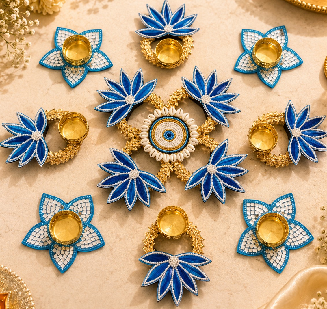 Royal Blue Blossom Diya Set