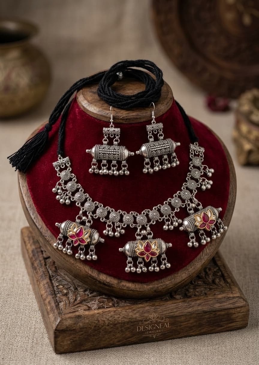 Royal Oxidised Silver Necklace Set with Statement Earrings & Red Floral Enamel Work