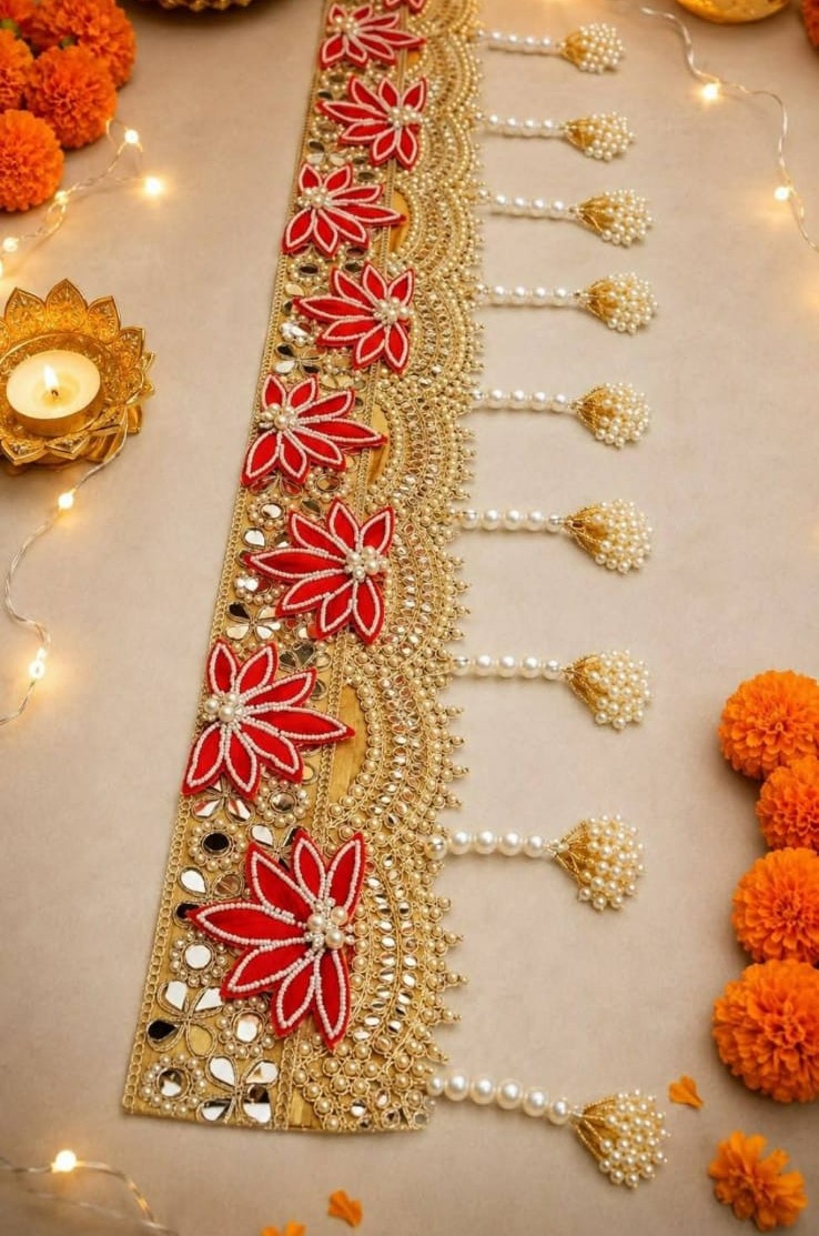 Royal Red Floral Pearl Door Toran | Handmade Festive Decorative Hanging