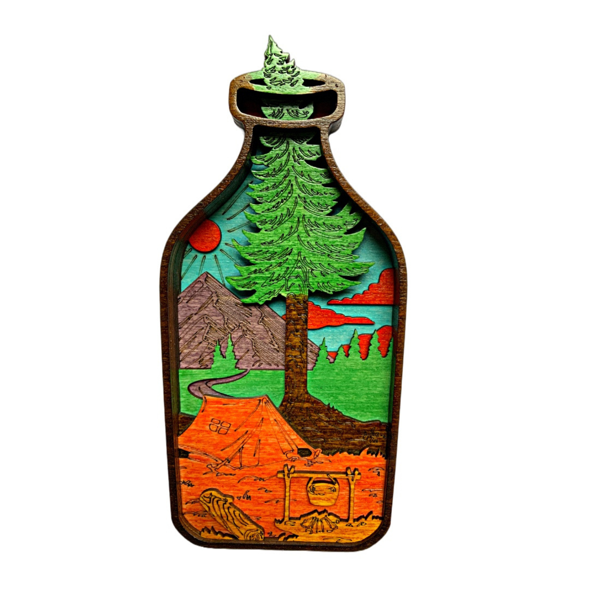 Rustic Multilayer Bottle Art – Camping & Nature Landscape Decor