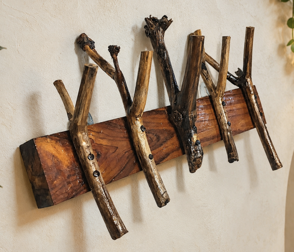 Rustic Natural Wood Wall Mounted Coat Rack | Handmade Tree Branch Key & Towel Holder | 5-Hook Wooden Wall Organizer | Farmhouse Entryway Decor