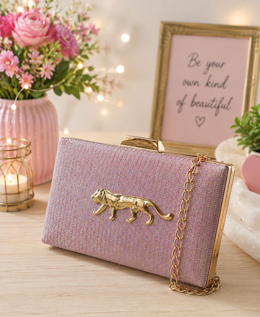 SABYSACCHI Premium Glitter Clutch | Leopard Statement Design with Chain Strap | Party & Wedding Clutch for Women