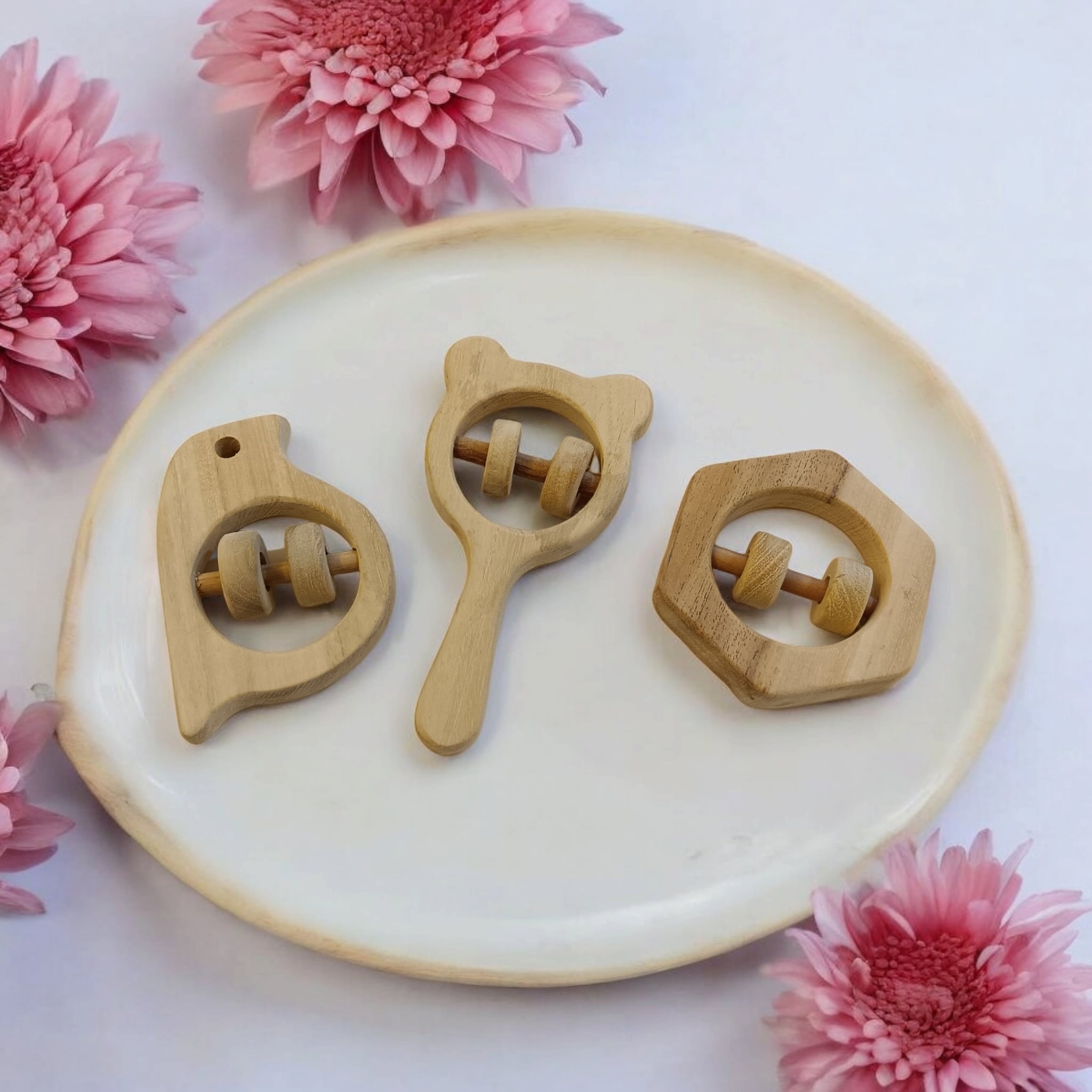 Neem Wooden Sensory Rattles for Babies – Sparrow, Mickey Head & Hexagon Shapes | Natural Sound-Making Toys (3+ Months)